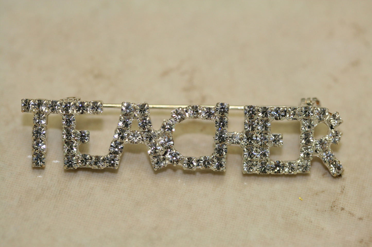 Clear Rhinestone Silver-Plated "TEACHER" Brooch Pin, Word Teacher Pin