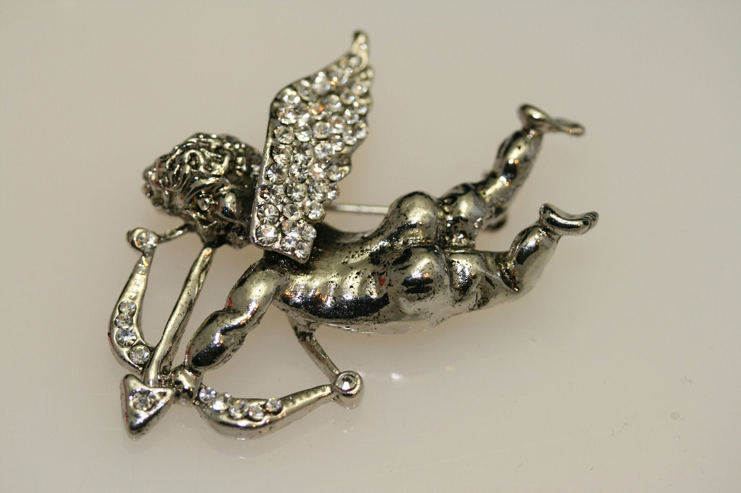 Rhinestone Antique Silver Angel Brooch. Cupid Arrow Brooch. Holiday Angel Pin. Jewelry for Women