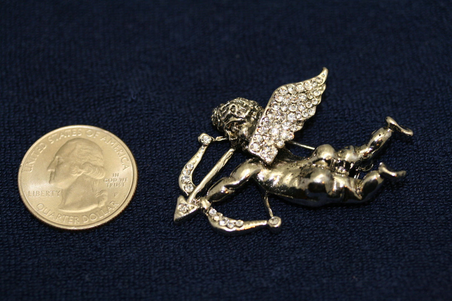 Rhinestone Antique Silver Angel Brooch. Cupid Arrow Brooch. Holiday Angel Pin. Jewelry for Women