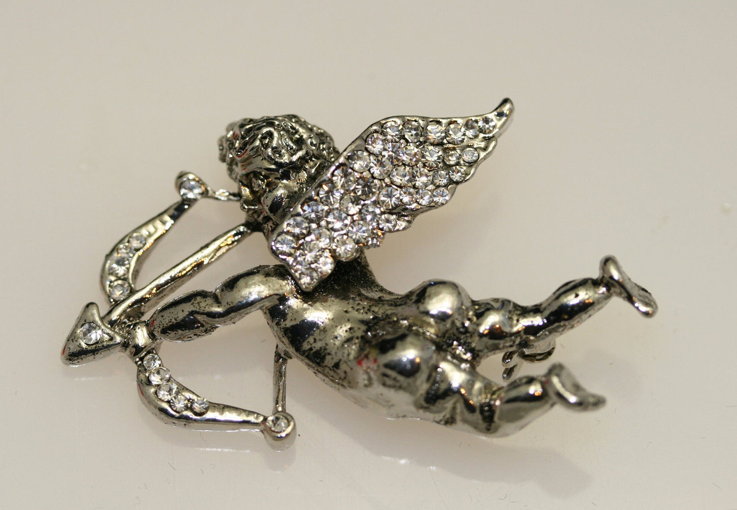 Rhinestone Antique Silver Angel Brooch. Cupid Arrow Brooch. Holiday Angel Pin. Jewelry for Women