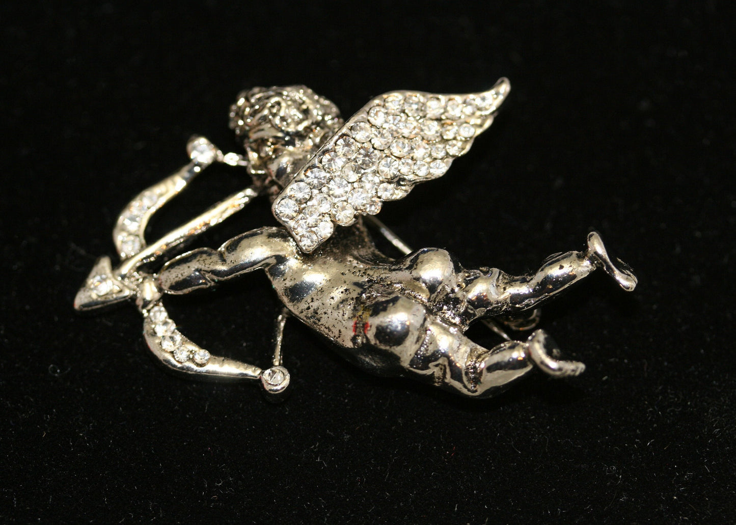 Rhinestone Antique Silver Angel Brooch. Cupid Arrow Brooch. Holiday Angel Pin. Jewelry for Women