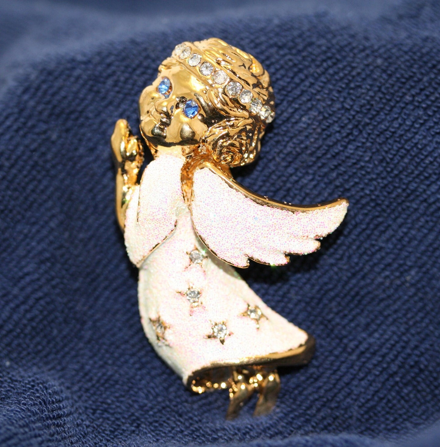 Gold Angel Brooch Pin, Rhinestone Angel with Halo Glitter White Dress Wings Brooch Pin, Costume Jewelry