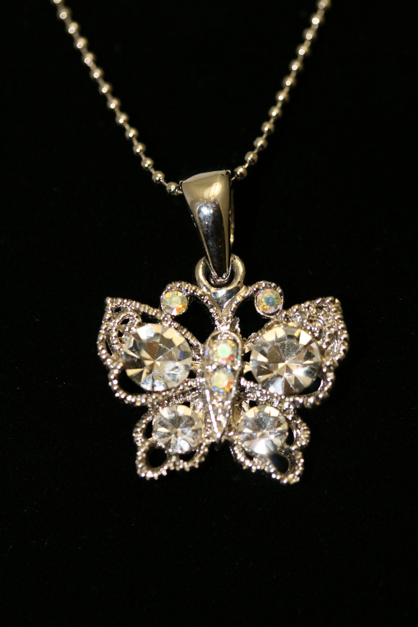 Rhinestone Butterfly Necklace Charm, Clear Crystal Butterfly Pendant With Chain (18")