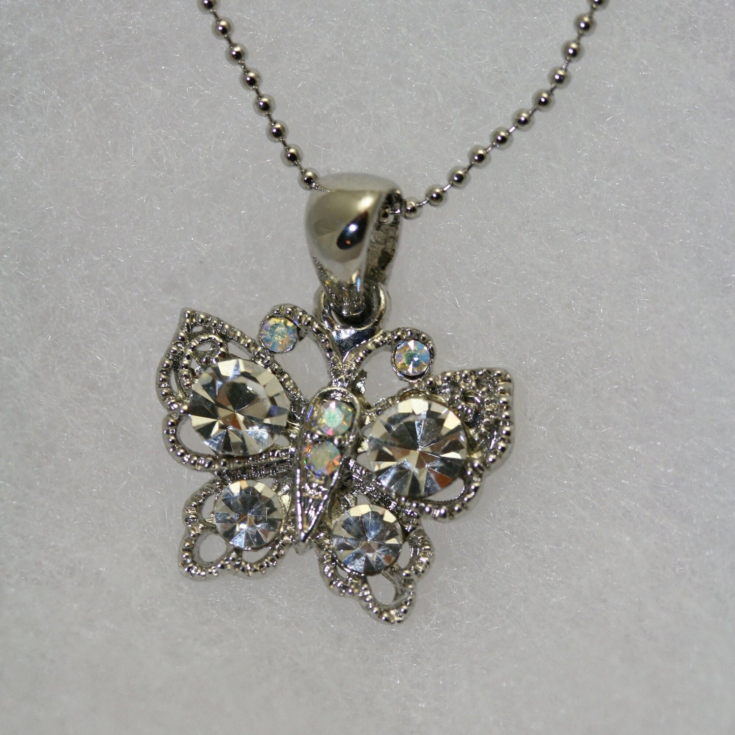 Rhinestone Butterfly Necklace Charm, Clear Crystal Butterfly Pendant With Chain (18")