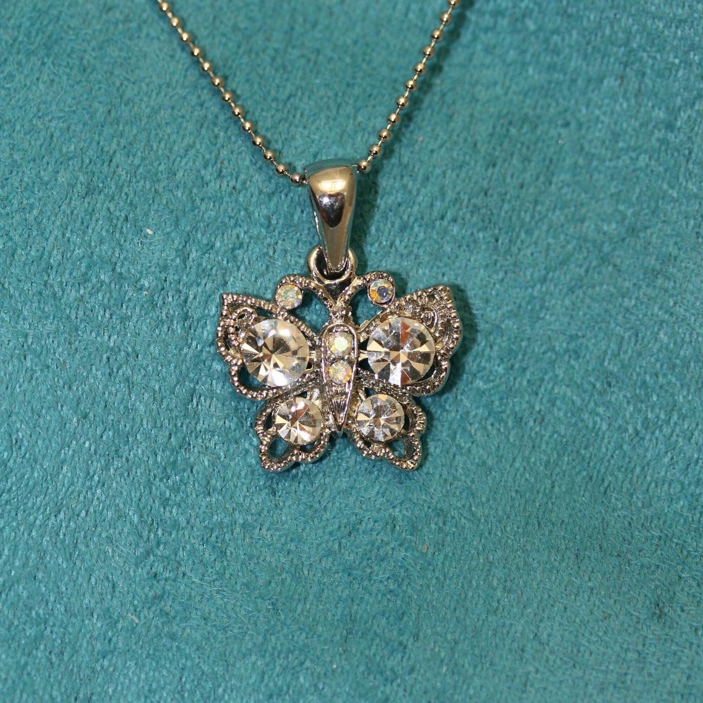 Rhinestone Butterfly Necklace Charm, Clear Crystal Butterfly Pendant With Chain (18")