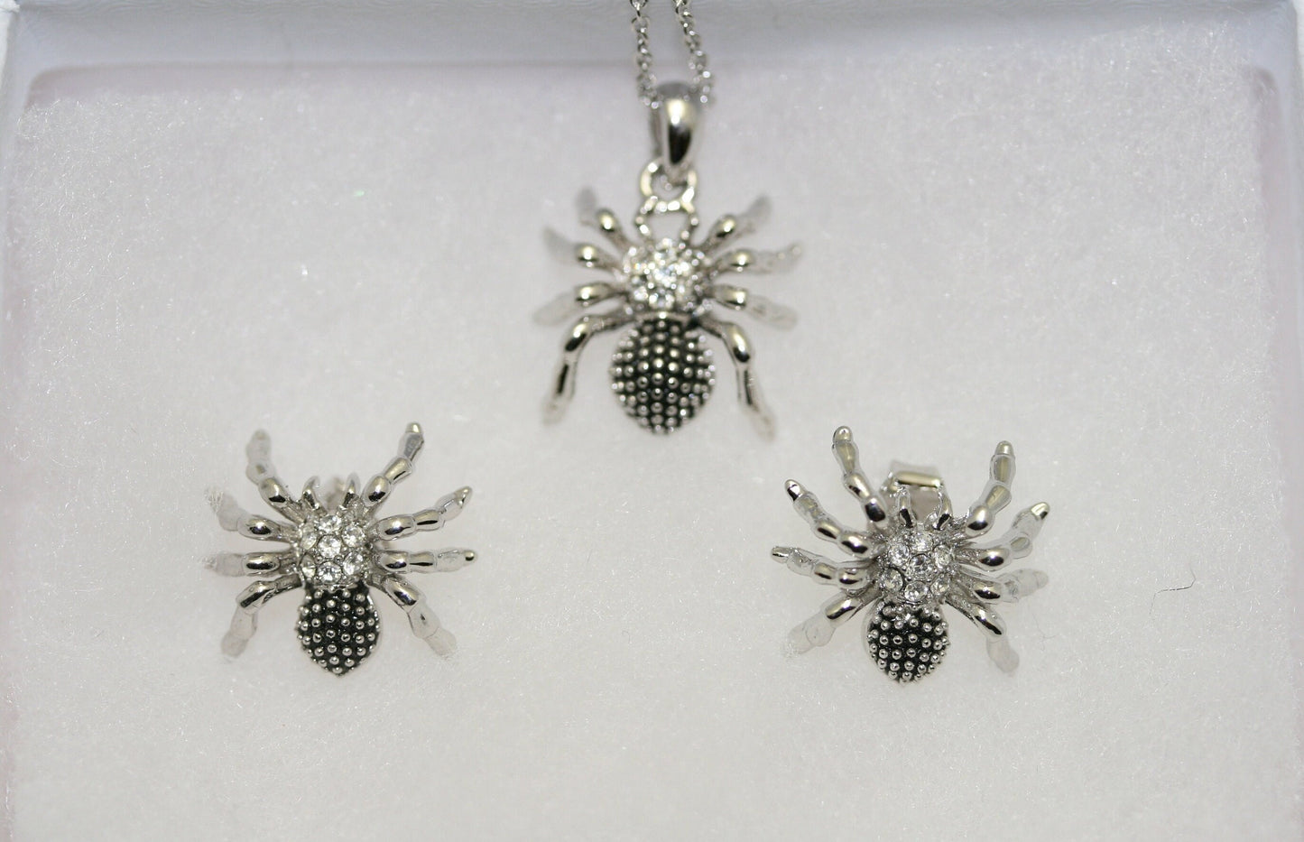 Halloween Insect Silver Tone Metal with Rhinestones Spider Charms Necklace And Earring Jewelry Set