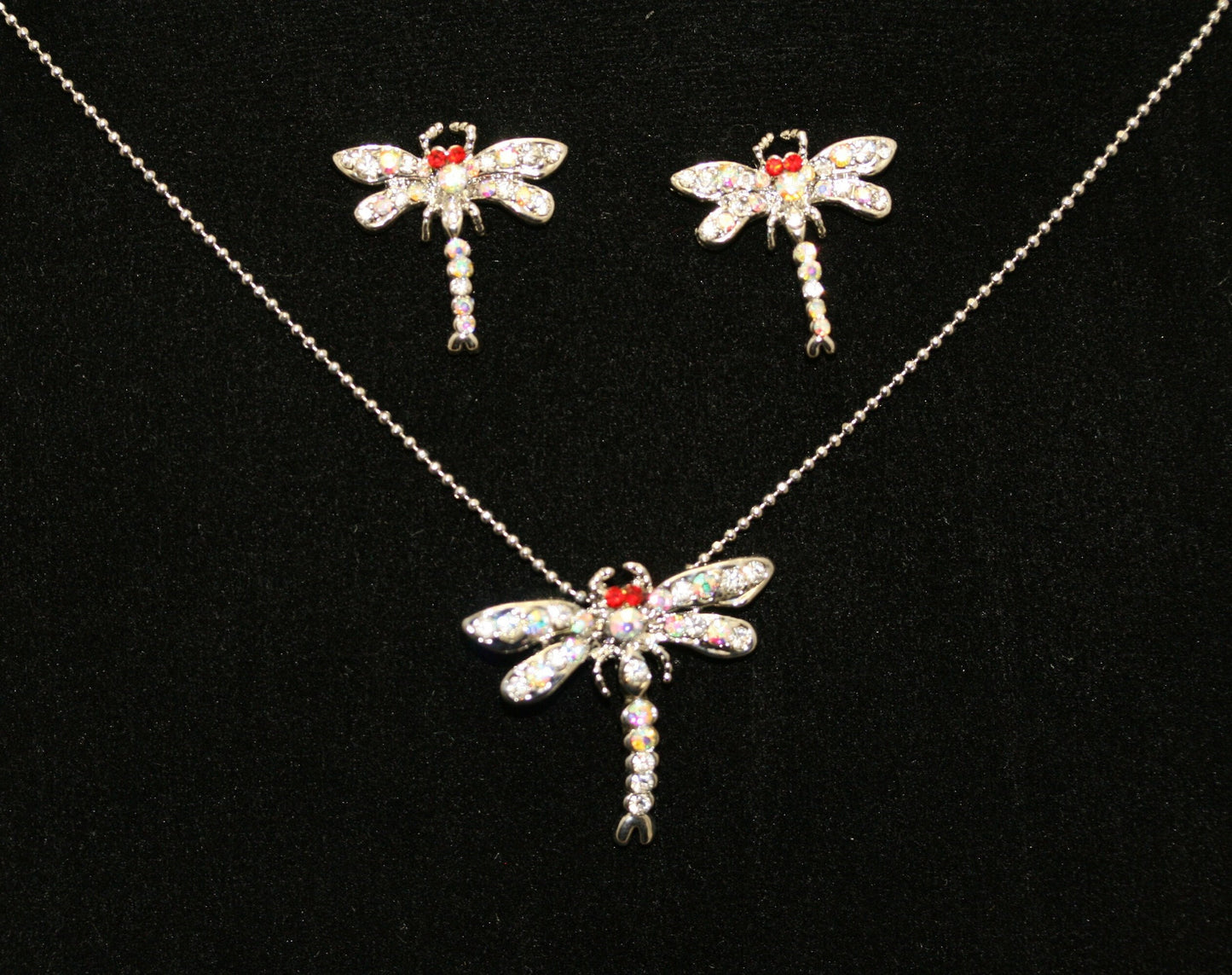 Insect Jewelry Sets for Bride Silver Dragonfly Pendant Necklace Rhinestone Post Earrings for Women