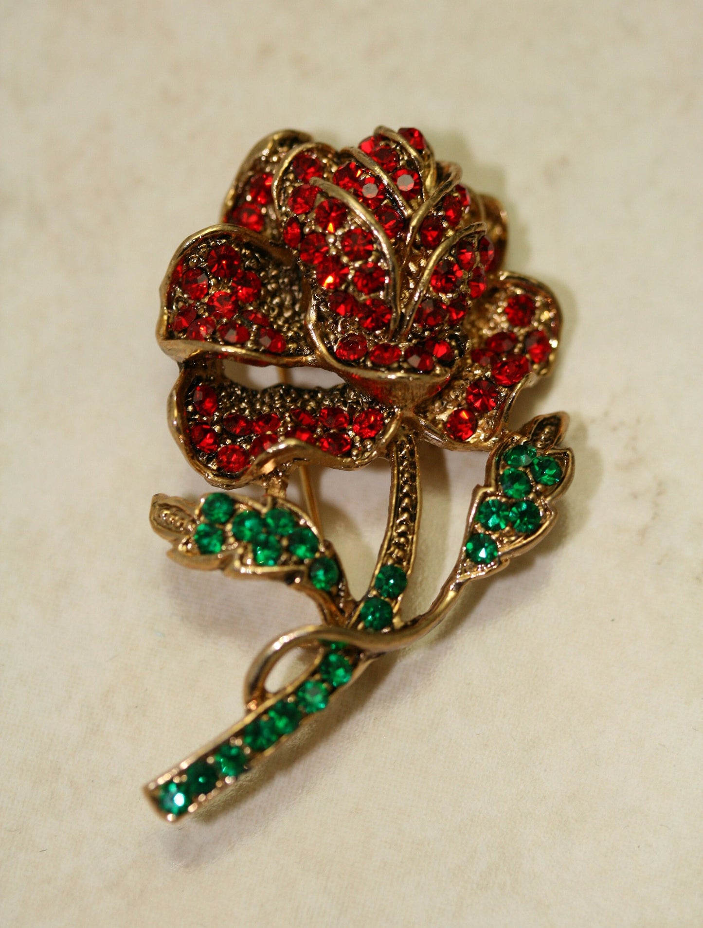 Vintage Large Ruby Garnet Olivine Rhinestone Rose Pin Brooch Jewelry, Fashion Valentine's Day Roses Pin