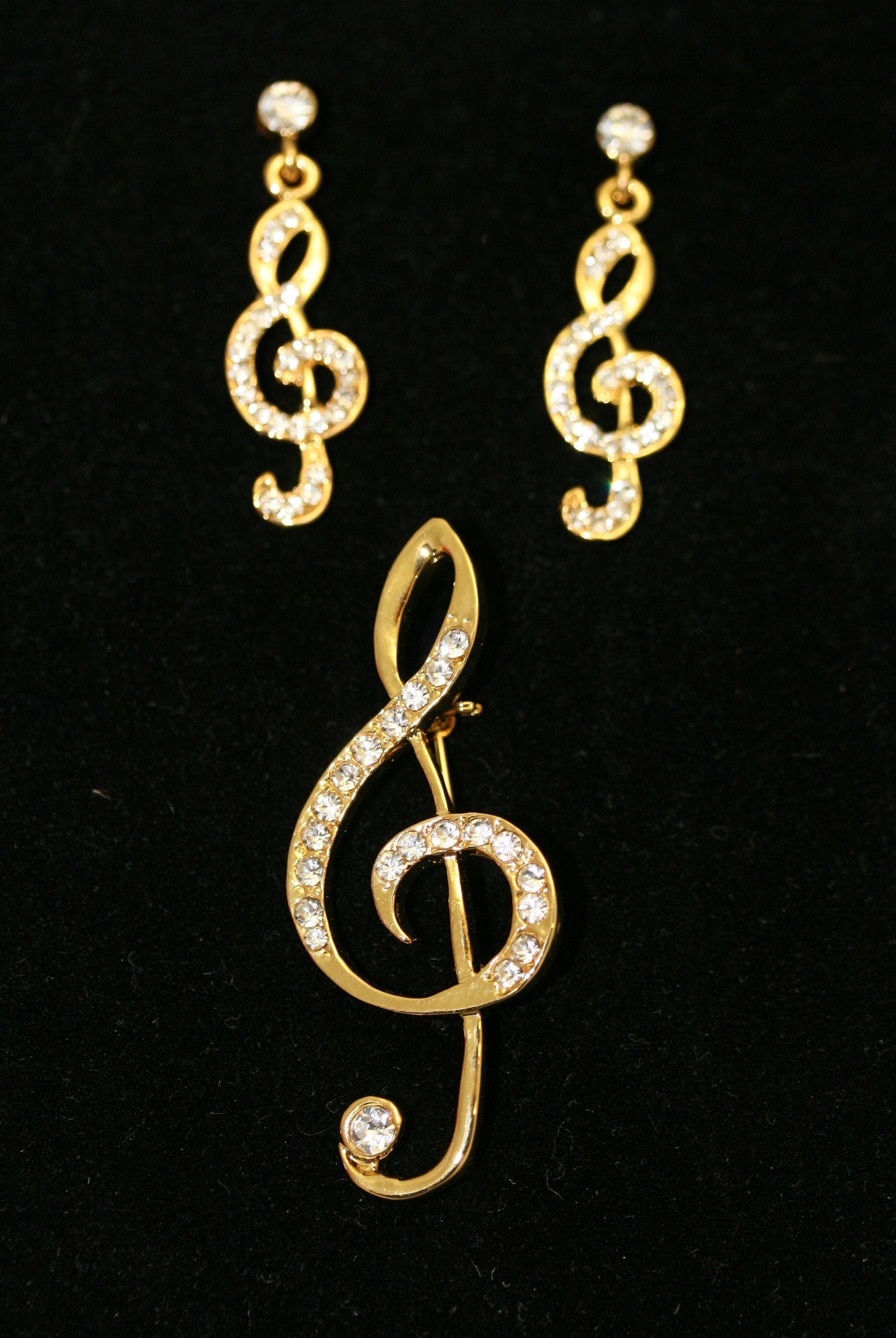 Rhinestone Music Note Brooch/pin With Matching Post Dangle Earring, Gold Music Note Jewelry Set