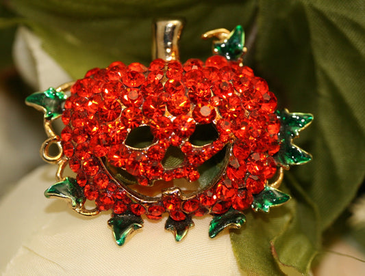 Lovely 3D Orange Rhinestone Pumpkin Face Brooch Pin, Halloween Jewelry Gift