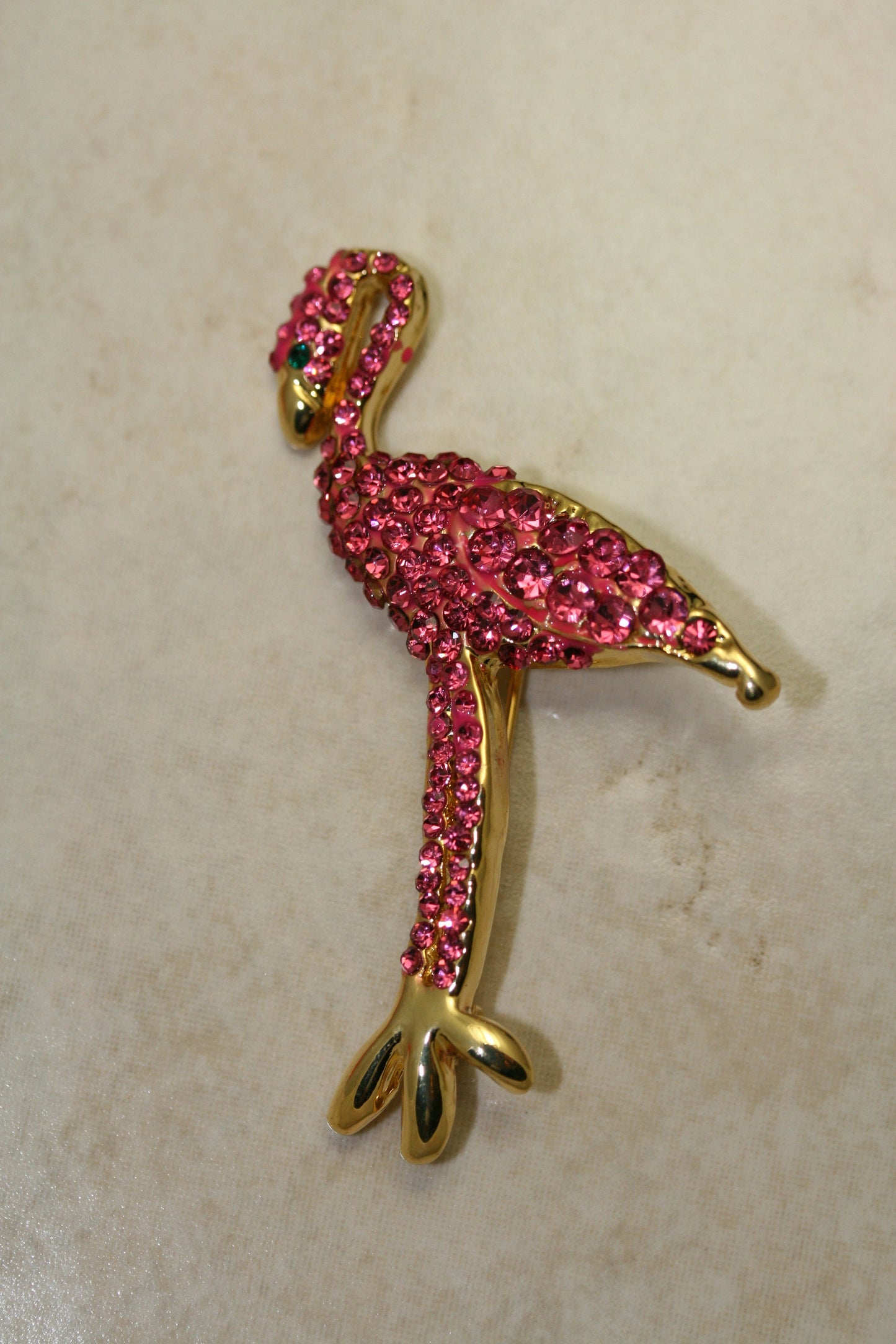 Vintage Large Gold Tone Pink Rhinestone Flamingo Pin Brooch, Holiday Jewerly