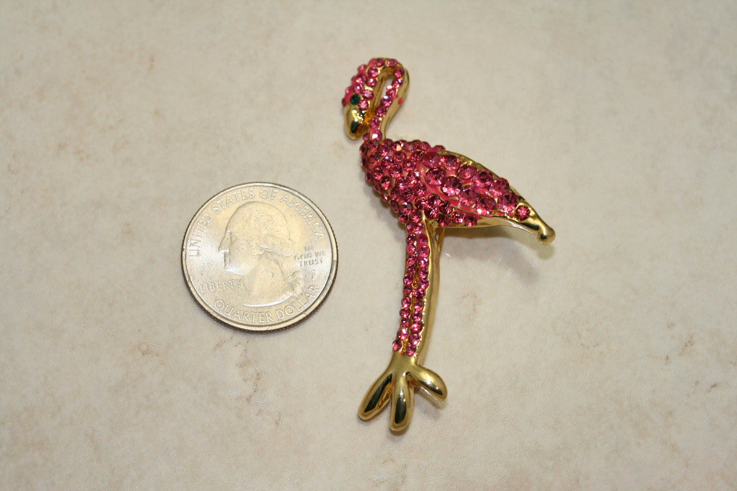 Vintage Large Gold Tone Pink Rhinestone Flamingo Pin Brooch, Holiday Jewerly