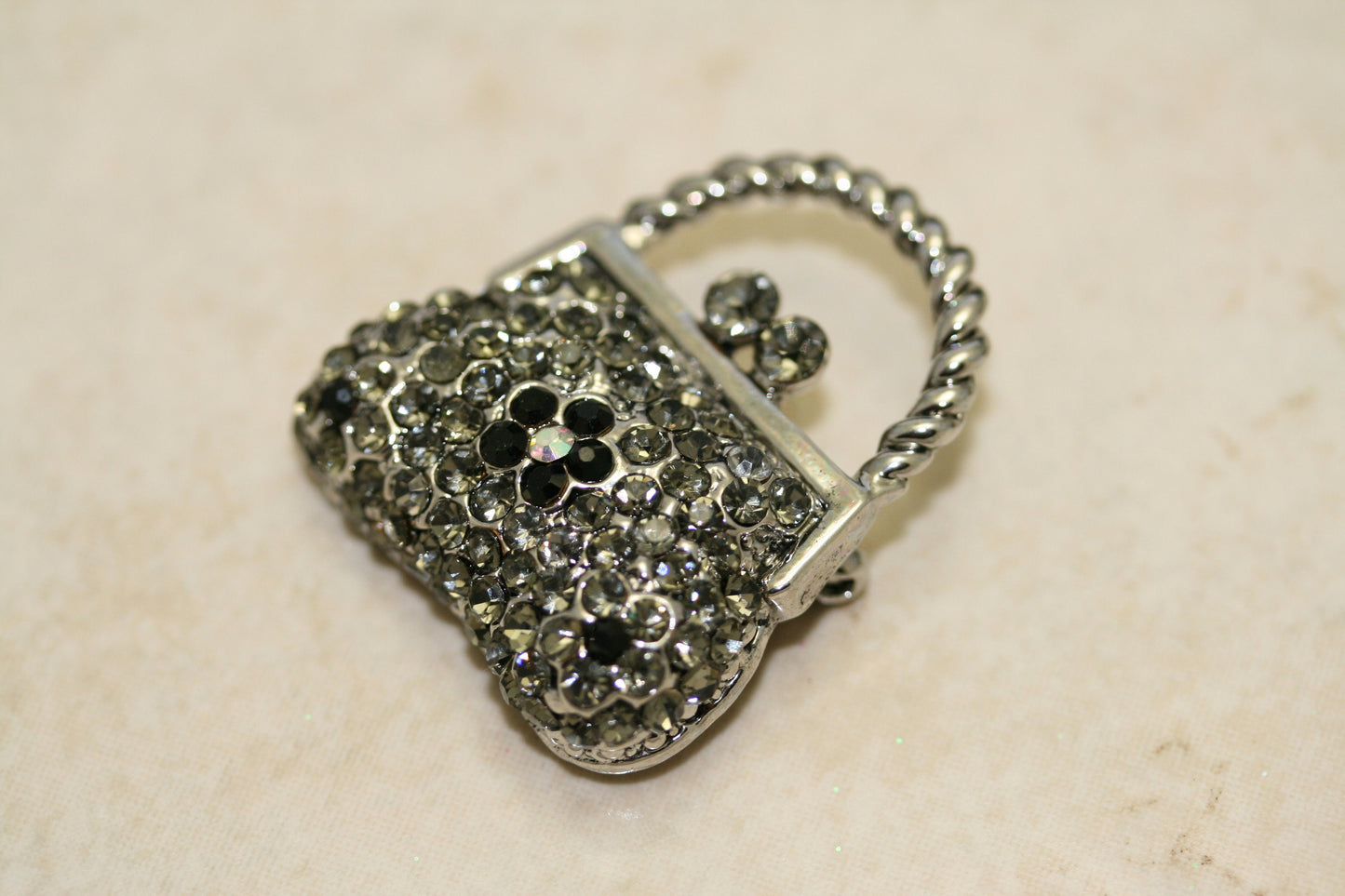 Vintage Purse Handbag Brooch Pin Antique Silver Black Rhinestone Costume Jewelry