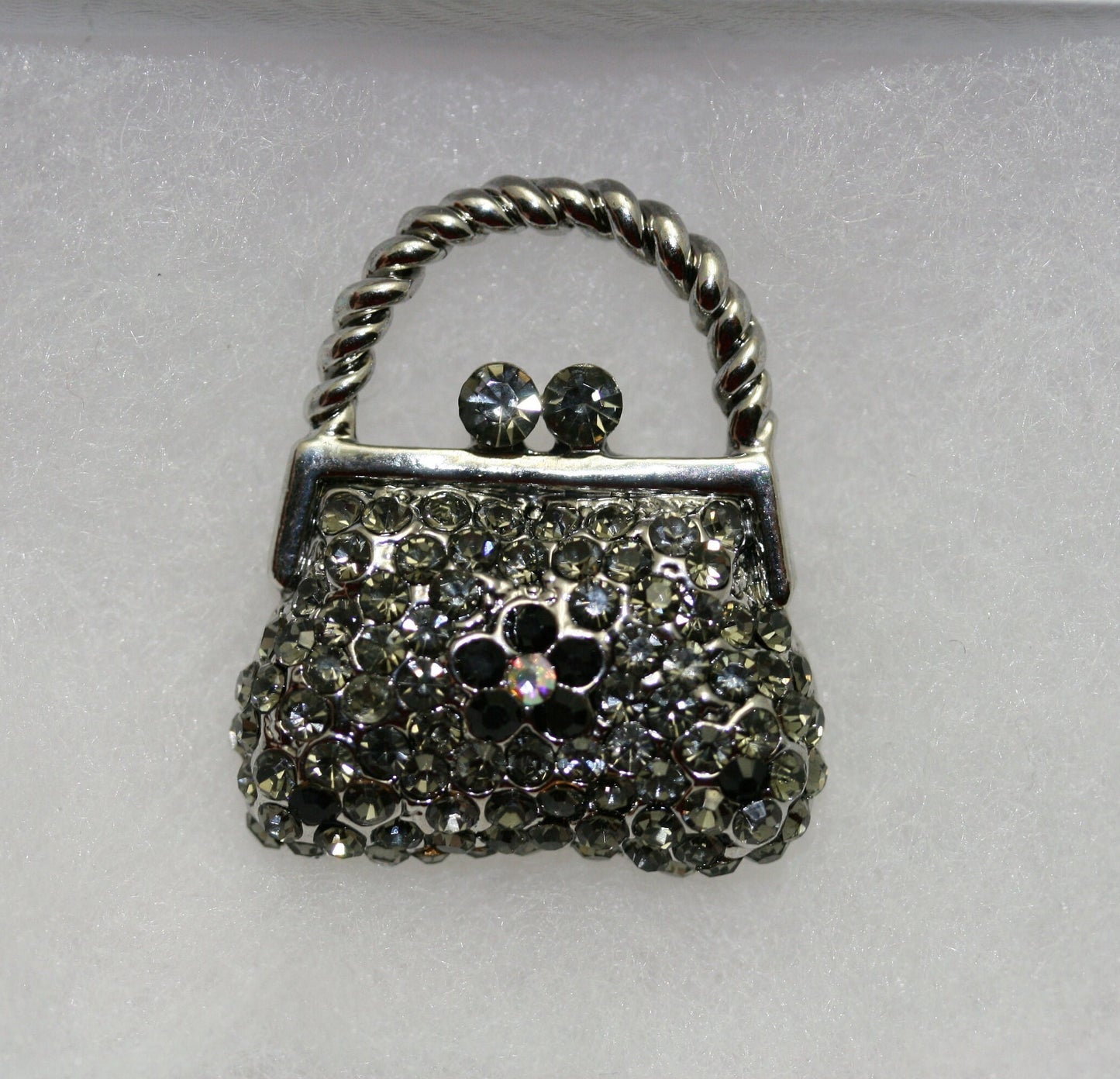 Vintage Purse Handbag Brooch Pin Antique Silver Black Rhinestone Costume Jewelry