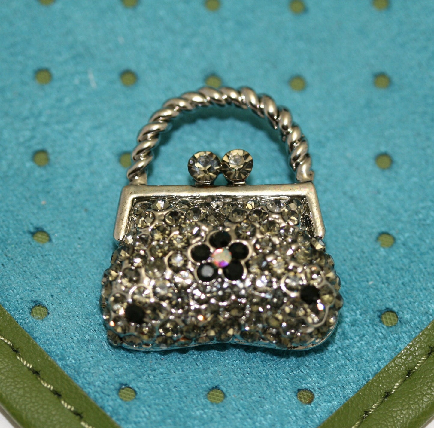 Vintage Purse Handbag Brooch Pin Antique Silver Black Rhinestone Costume Jewelry