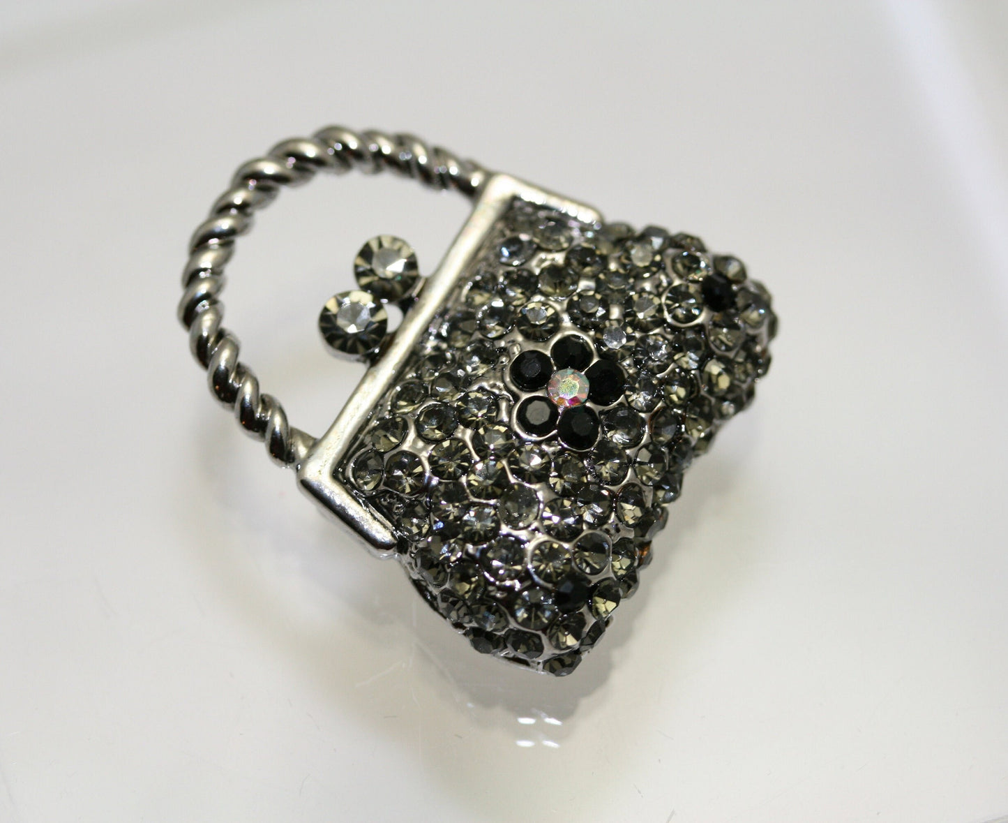 Vintage Purse Handbag Brooch Pin Antique Silver Black Rhinestone Costume Jewelry