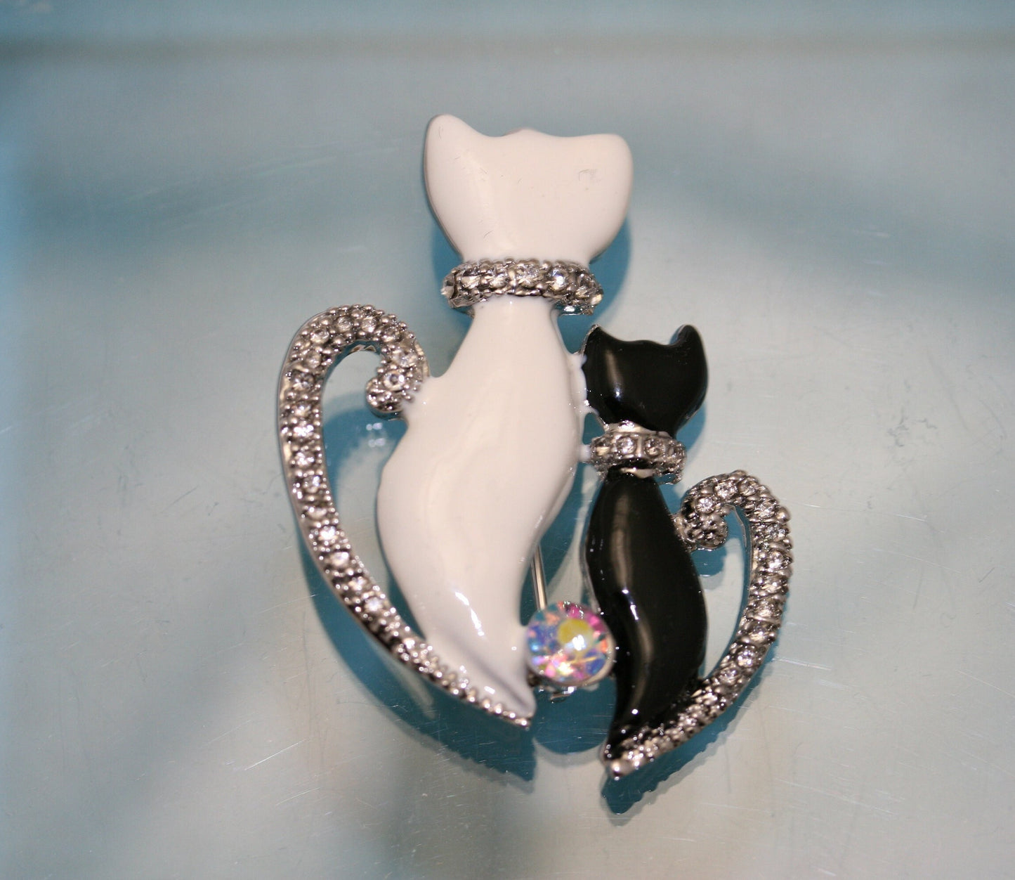 Black And White Two Cute Sitting Cat Kitten Kitty Brooch Pin for Women, Rhinestone Animal Jewelry
