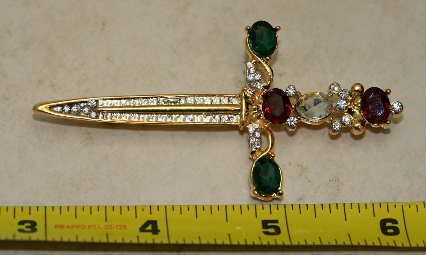 Rhinestone Vintage Sword Brooch, Christine Religious Sword Pin Sword Dagger Saber Pin Brooch Scepter Rhinestone Crystal Jeweled