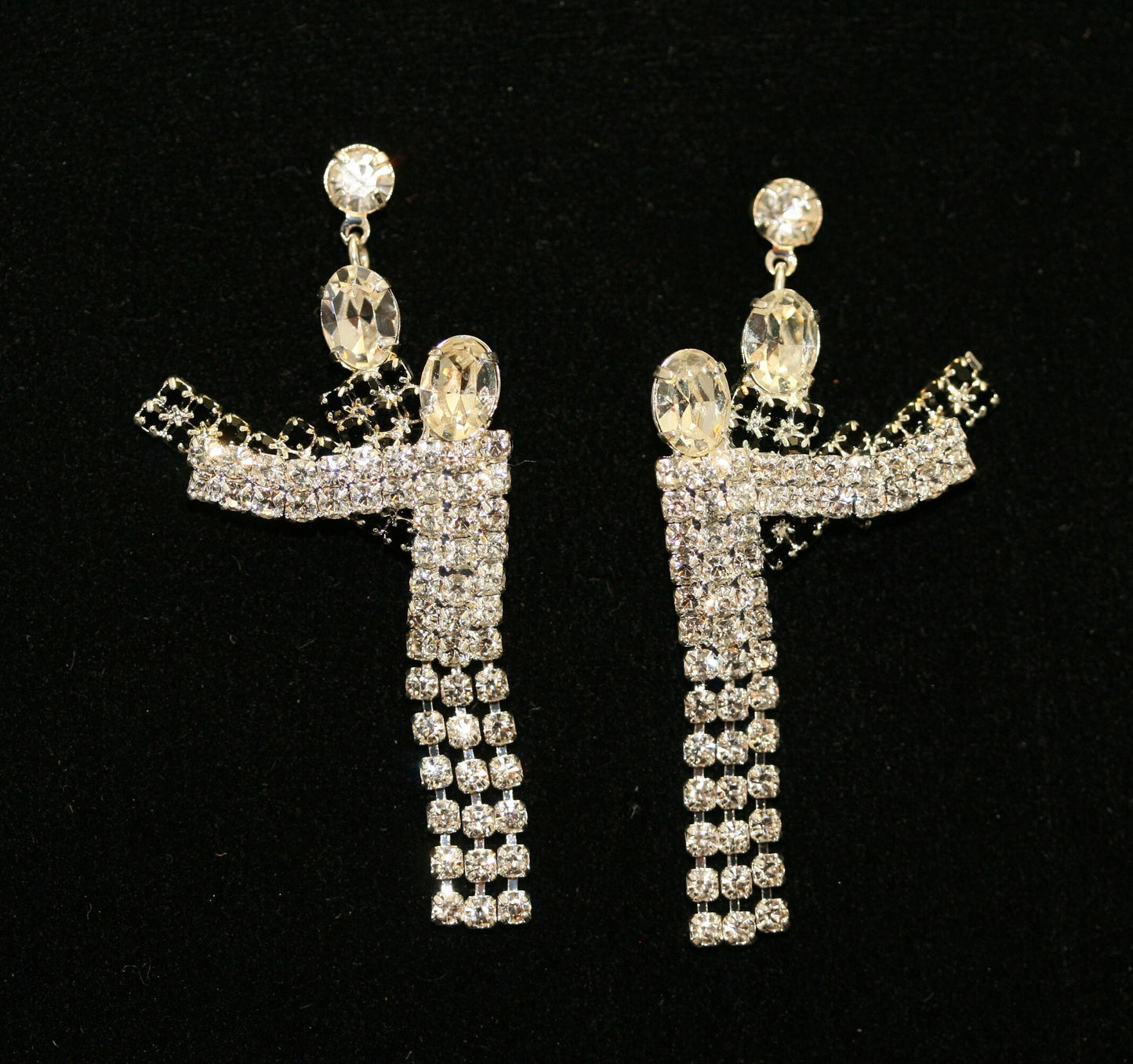 Vintage Art Deco Earrings couple dancing black and white rhinestone Jewelry