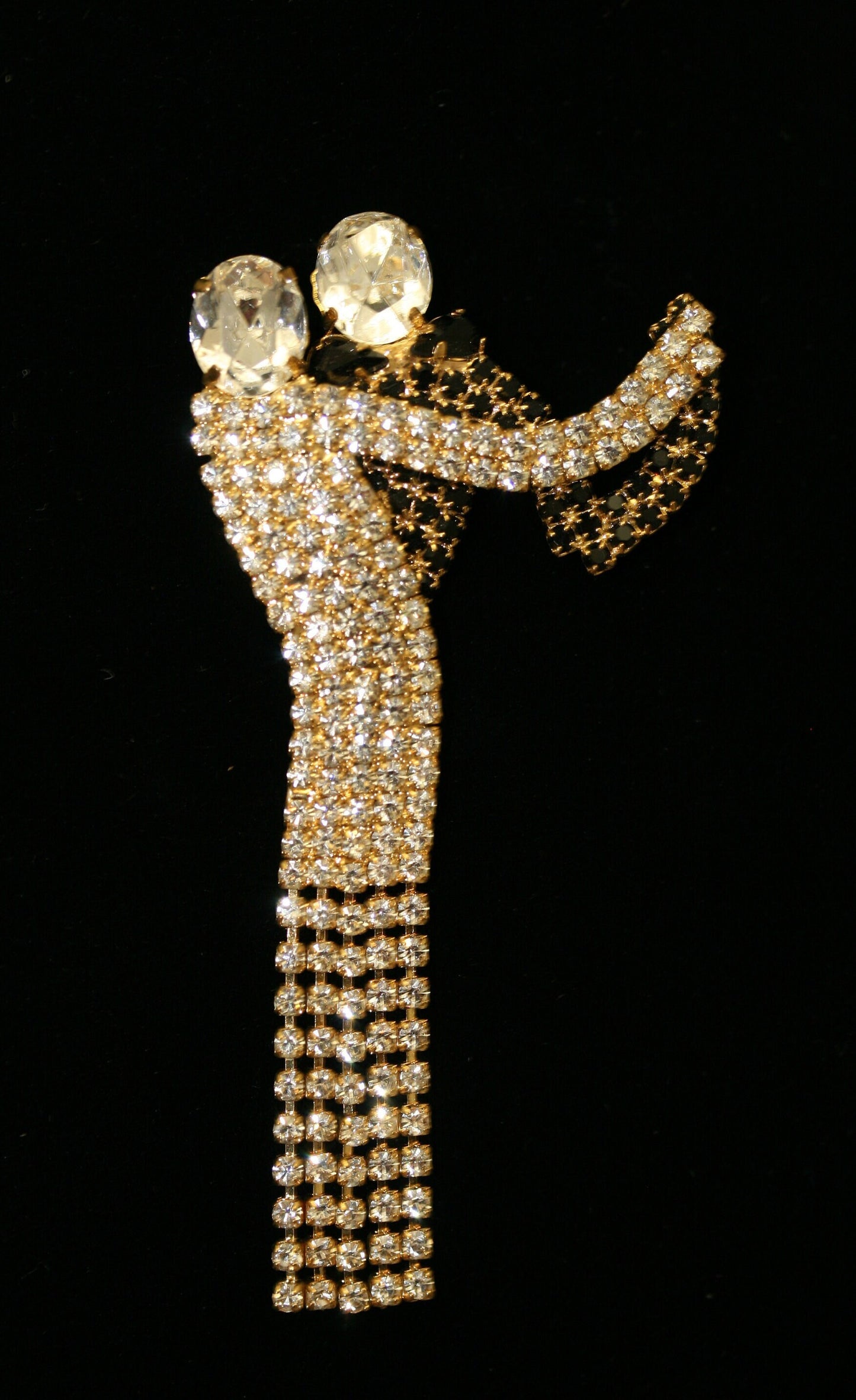 Vintage Gold Dancing Couple Articulated Black and White Rhinestone Brooch Pin, Fashion Jewelry