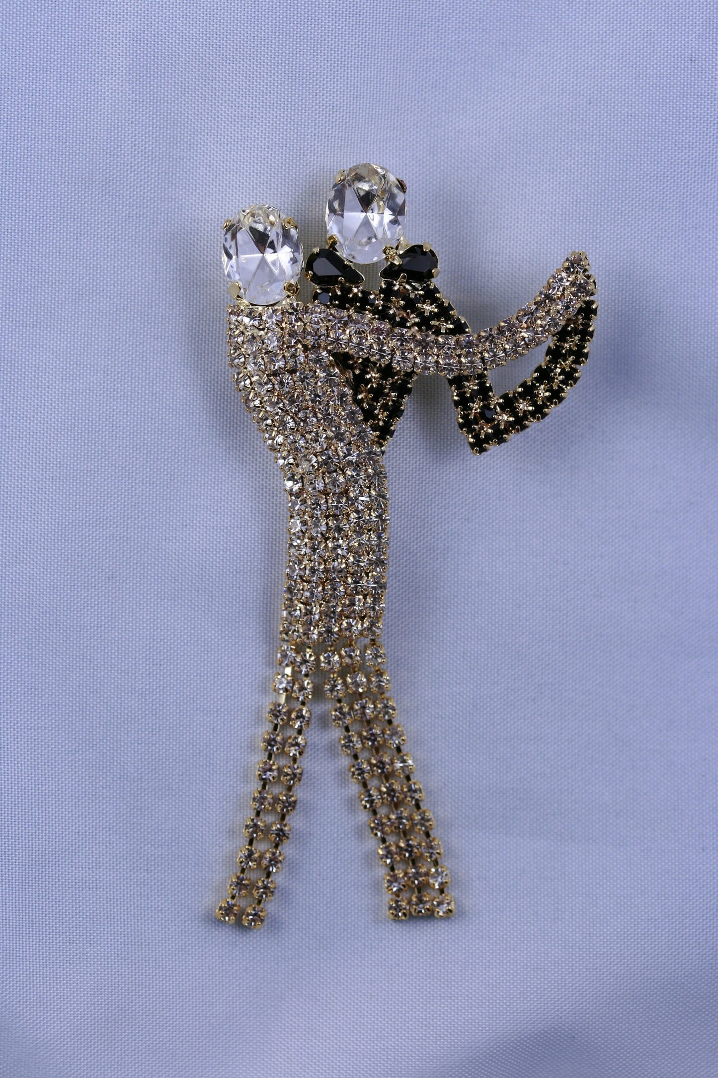 Vintage Gold Dancing Couple Articulated Black and White Rhinestone Brooch Pin, Fashion Jewelry