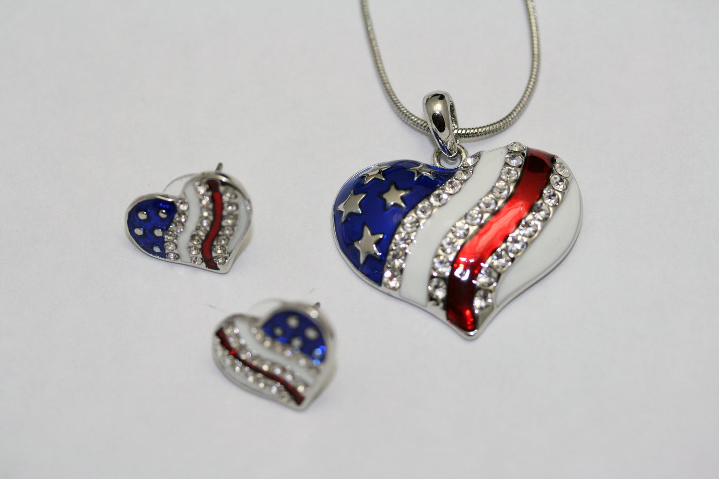 USA Flag Patriotic Heart Pendant, 4th of July Independence Day Heart Pendant Necklace & Heart Earrings Jewelry Set