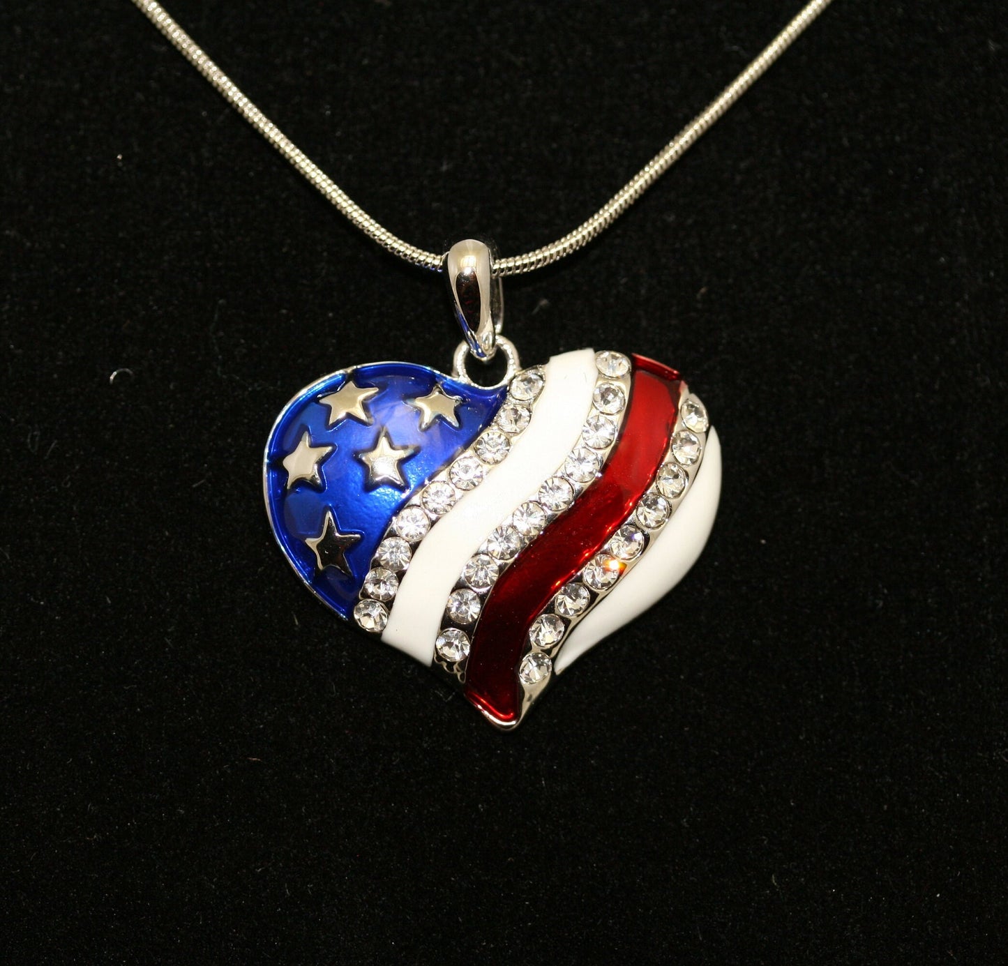 USA Flag Patriotic Heart Pendant, 4th of July Independence Day Heart Pendant Necklace & Heart Earrings Jewelry Set