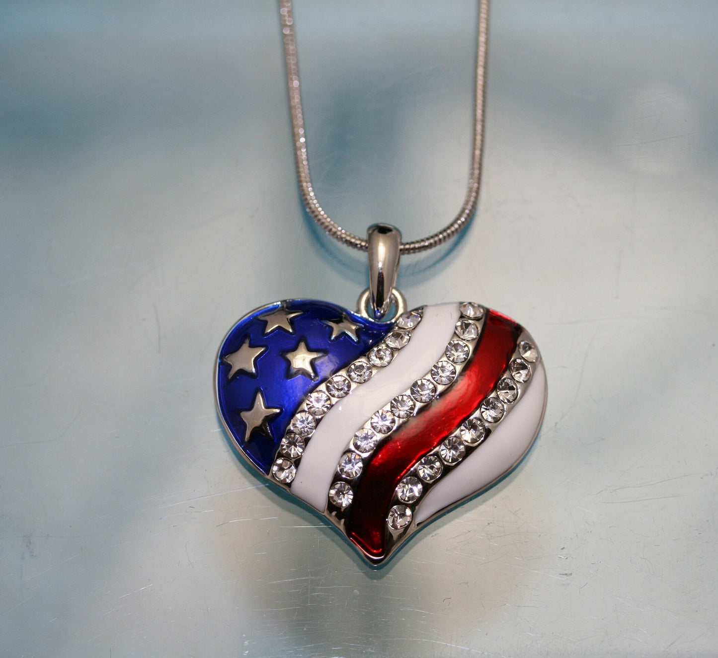USA Flag Patriotic Heart Pendant, 4th of July Independence Day Heart Pendant Necklace & Heart Earrings Jewelry Set