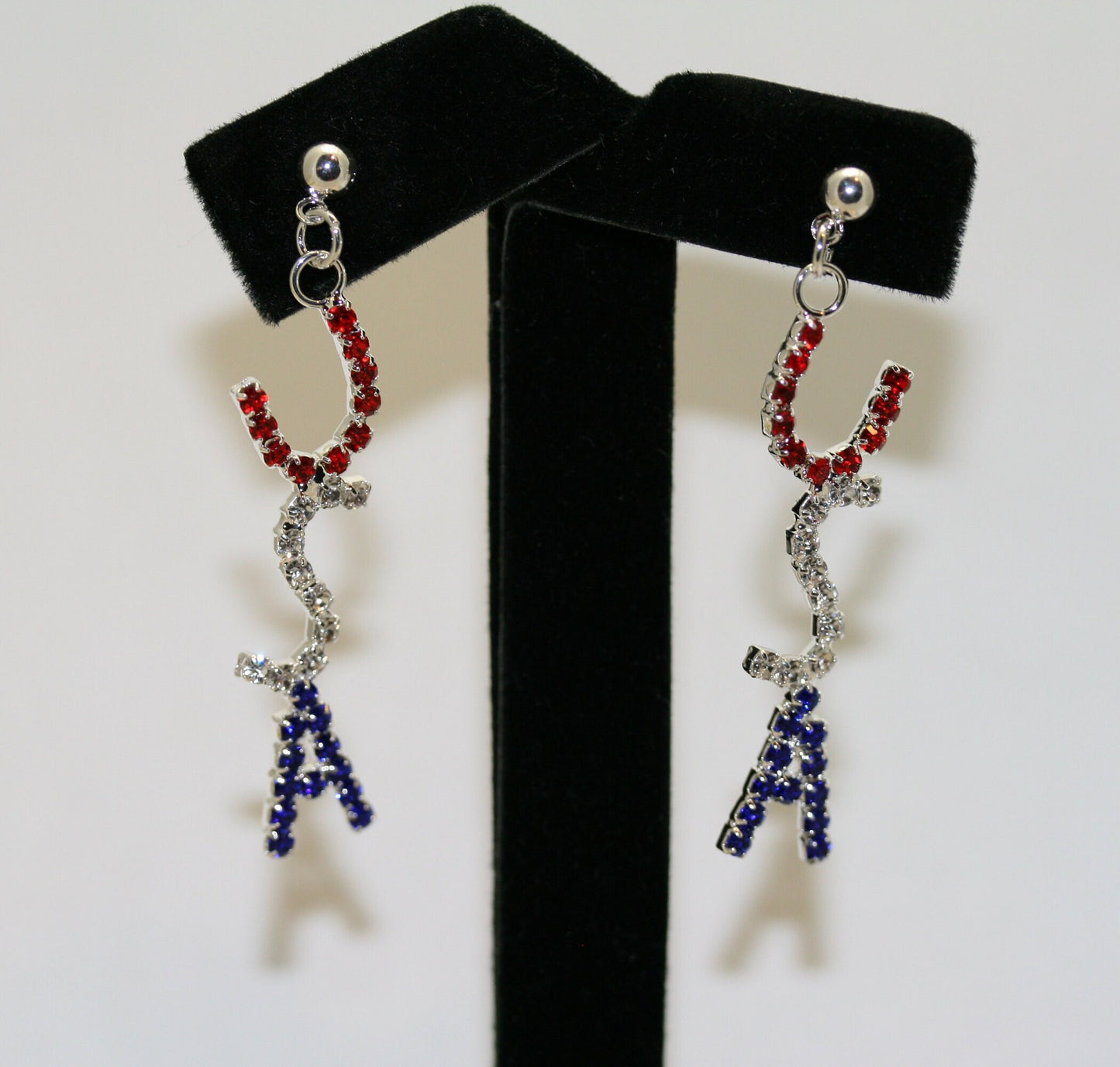 Rhinestone Patriotic Crystal USA Flag Post Dangle Earring Red White & Blue Letters