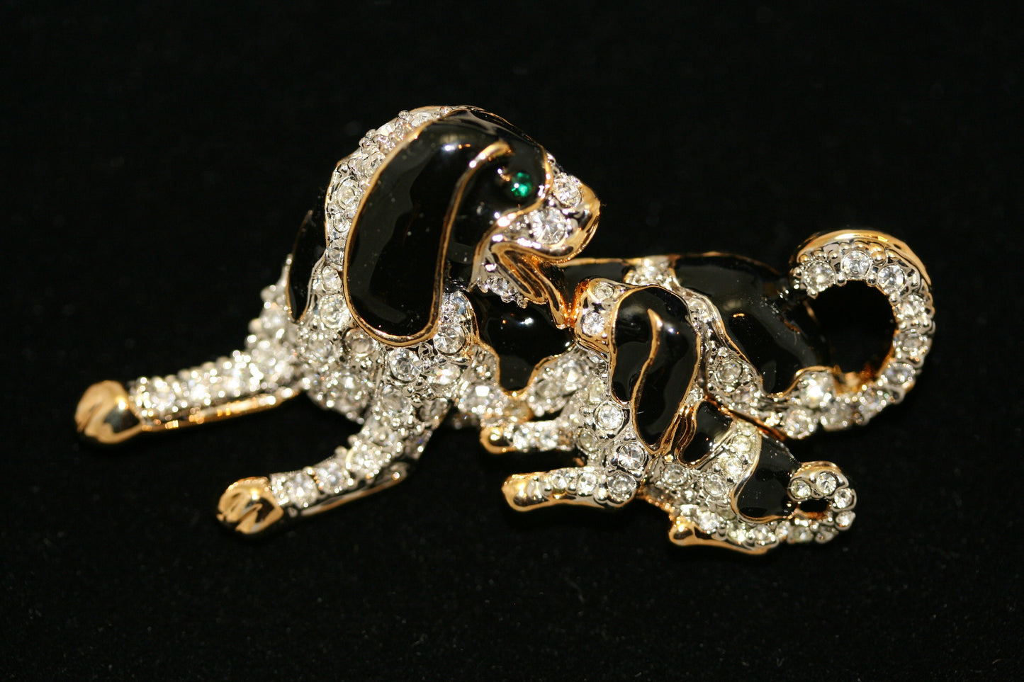 Black Enamel Rhinestone SPANIEL DOG & PUPPY Pin brooch, Dog Puppy Brooch Jewelry