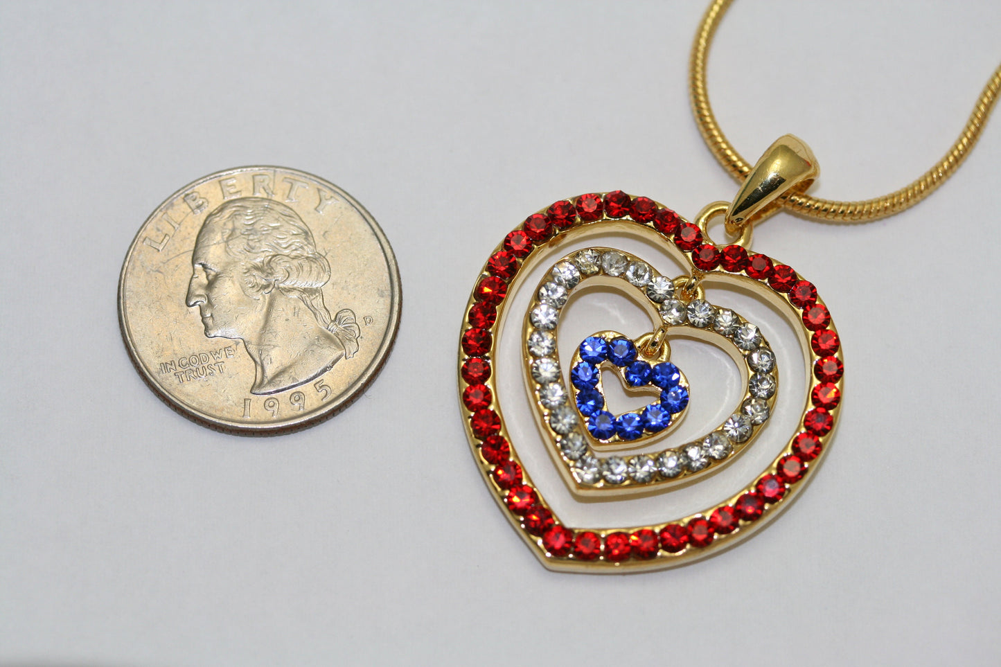 Rhinestone USA American Flag Triple Heart Patriotic 4th of July Independence Day Pendant Necklace