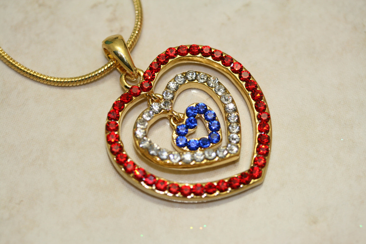 Rhinestone USA American Flag Triple Heart Patriotic 4th of July Independence Day Pendant Necklace