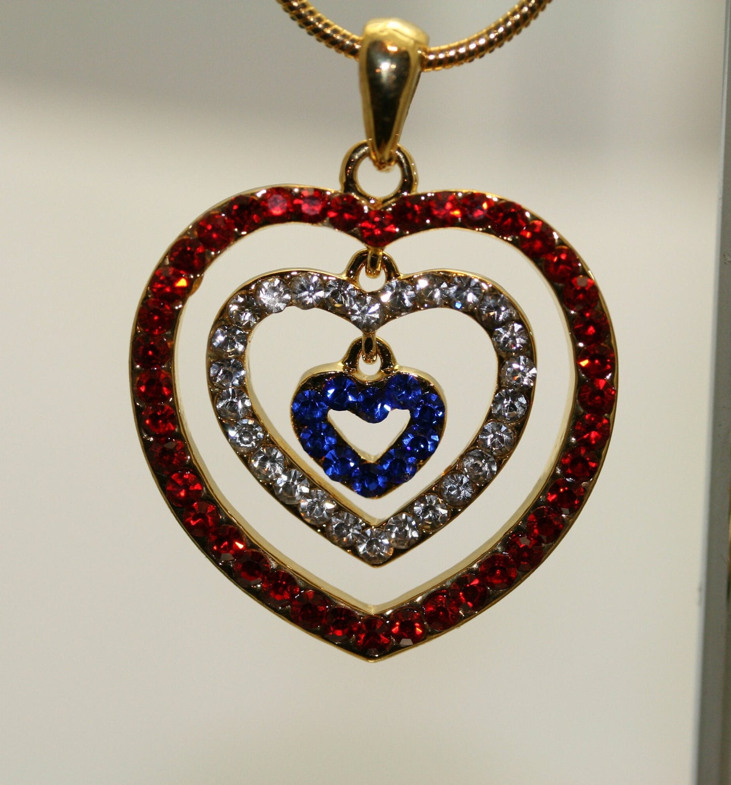Rhinestone USA American Flag Triple Heart Patriotic 4th of July Independence Day Pendant Necklace