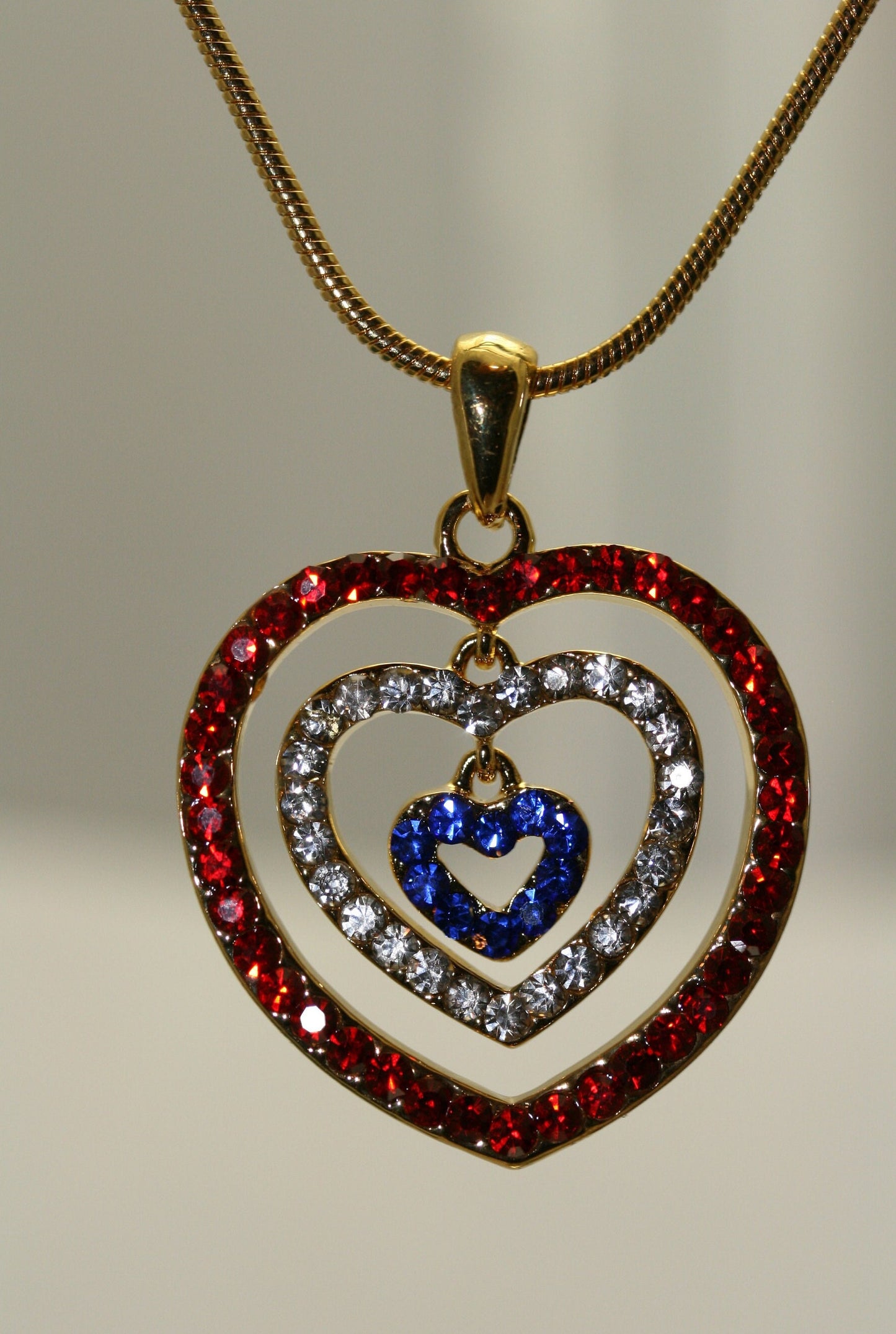 Rhinestone USA American Flag Triple Heart Patriotic 4th of July Independence Day Pendant Necklace