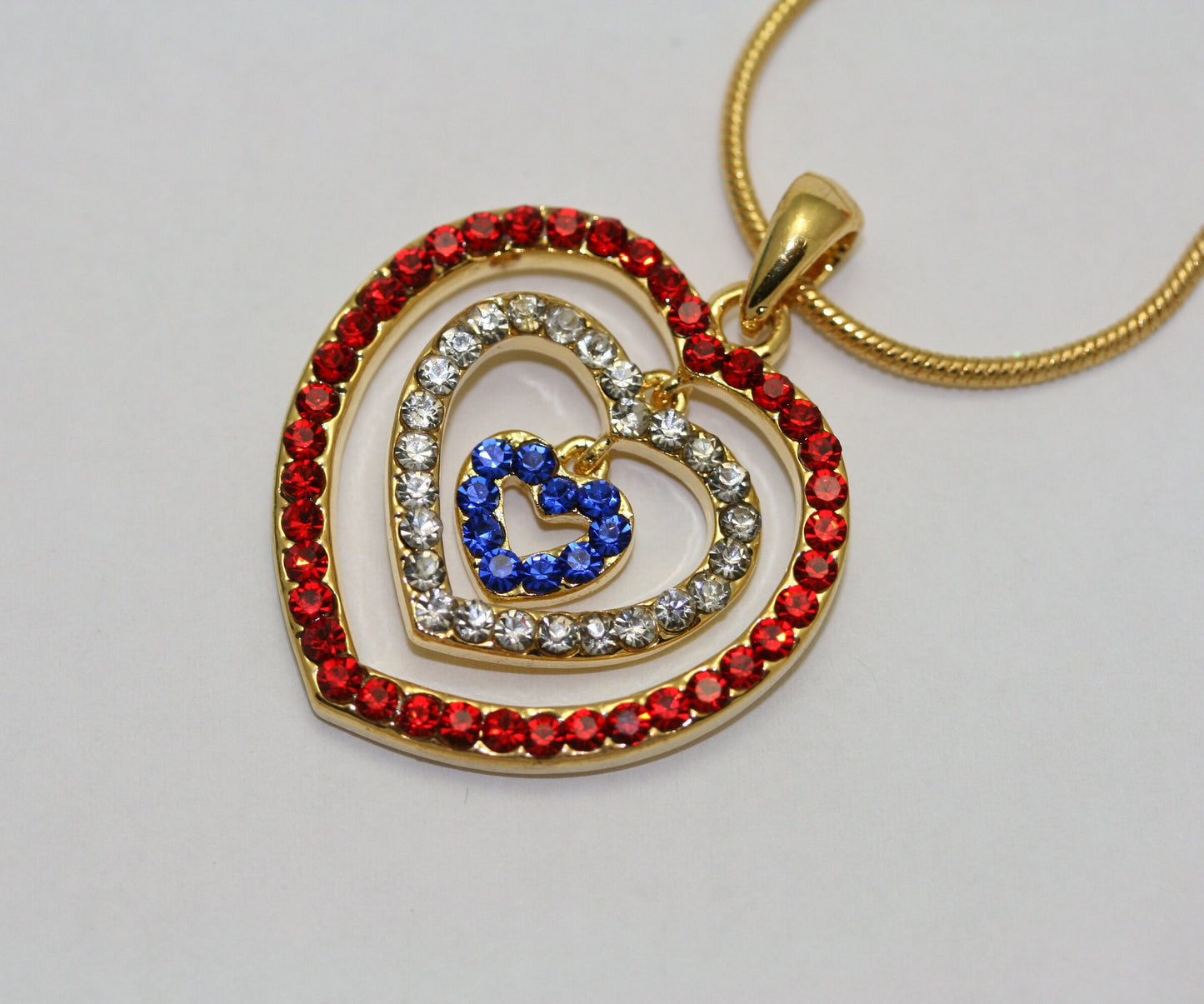Rhinestone USA American Flag Triple Heart Patriotic 4th of July Independence Day Pendant Necklace