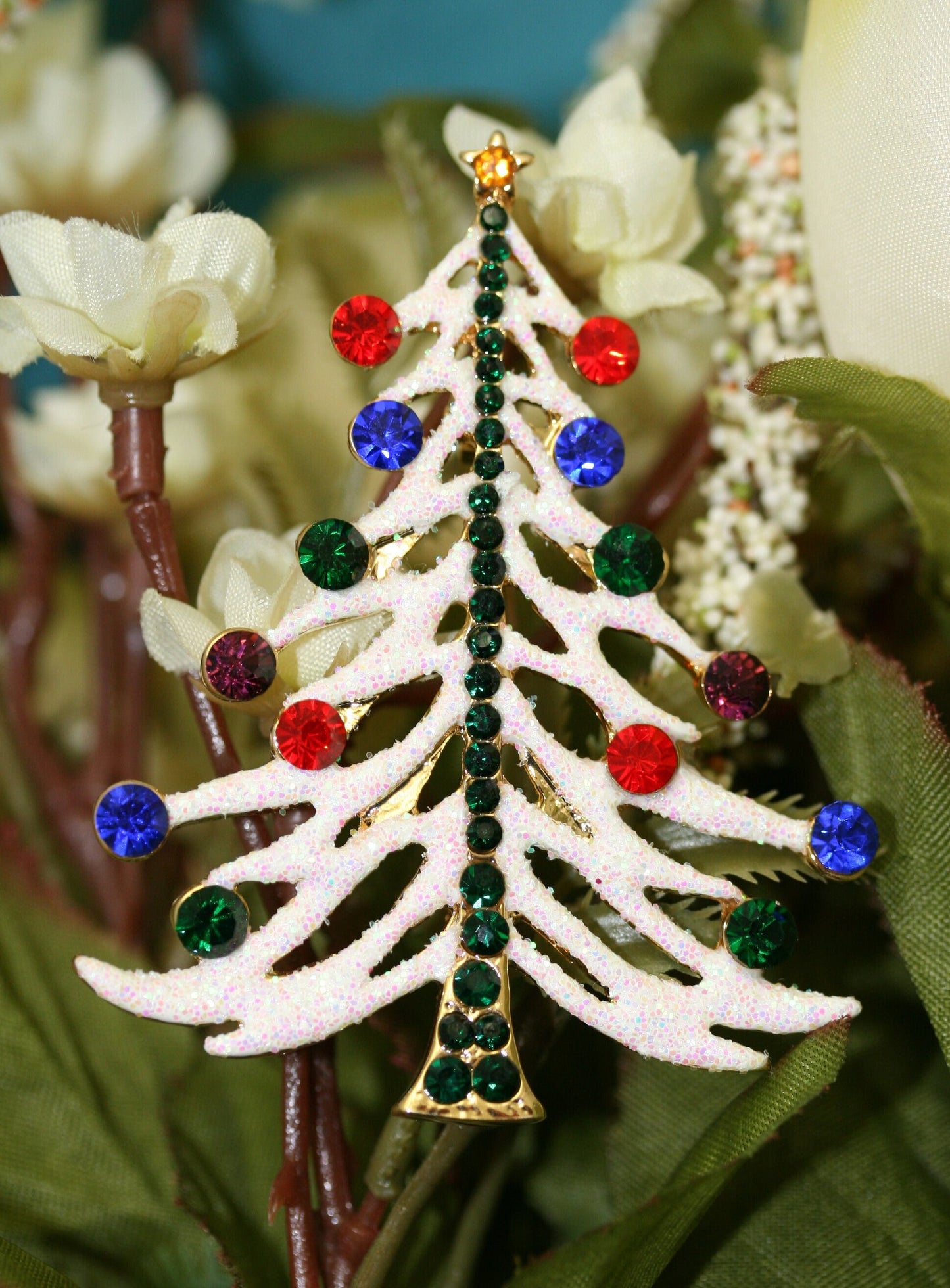 White Glitter Traditional Christmas Tree Pin Brooch With Red And Green Rhinestone