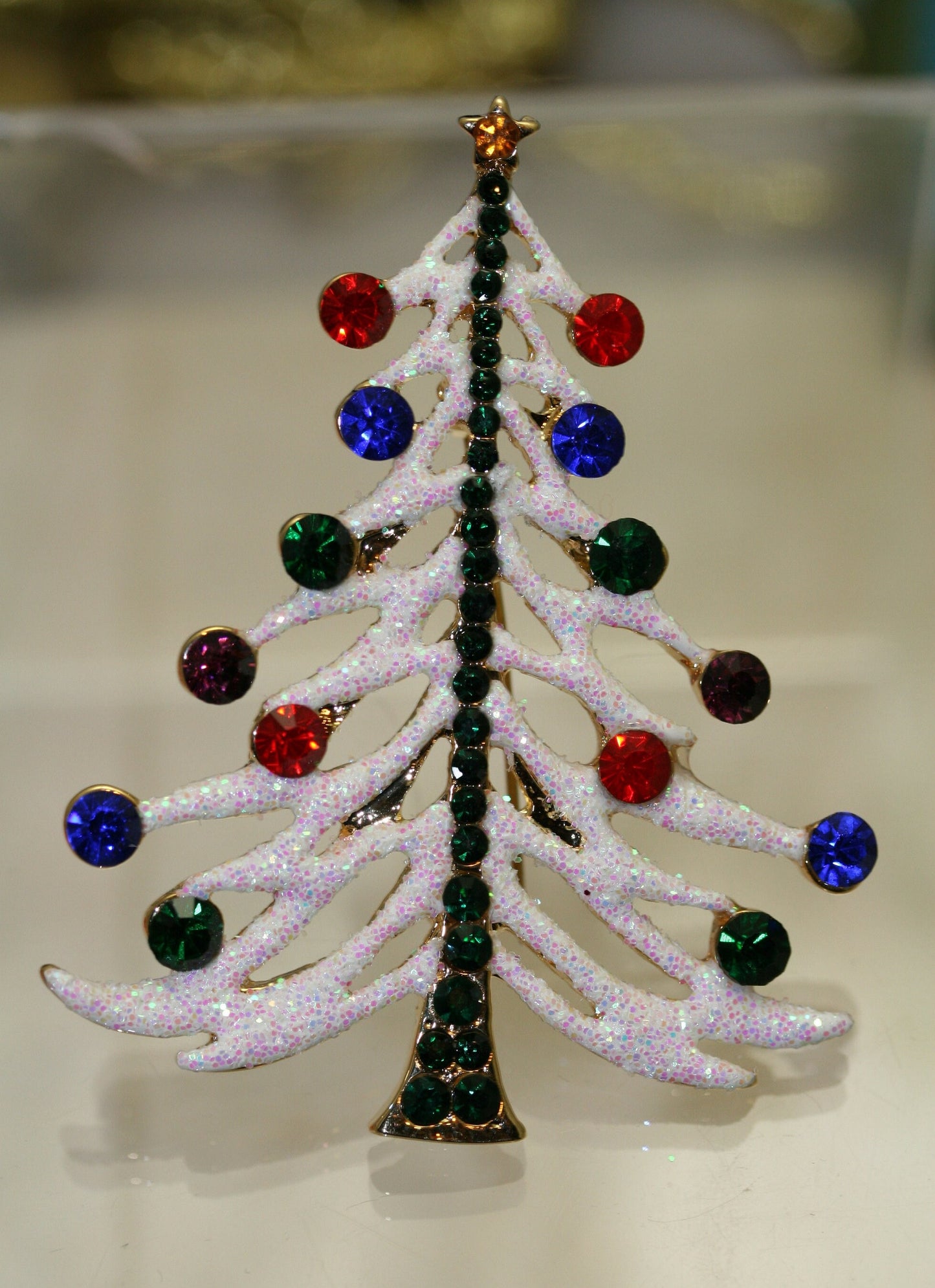 White Glitter Traditional Christmas Tree Pin Brooch With Red And Green Rhinestone