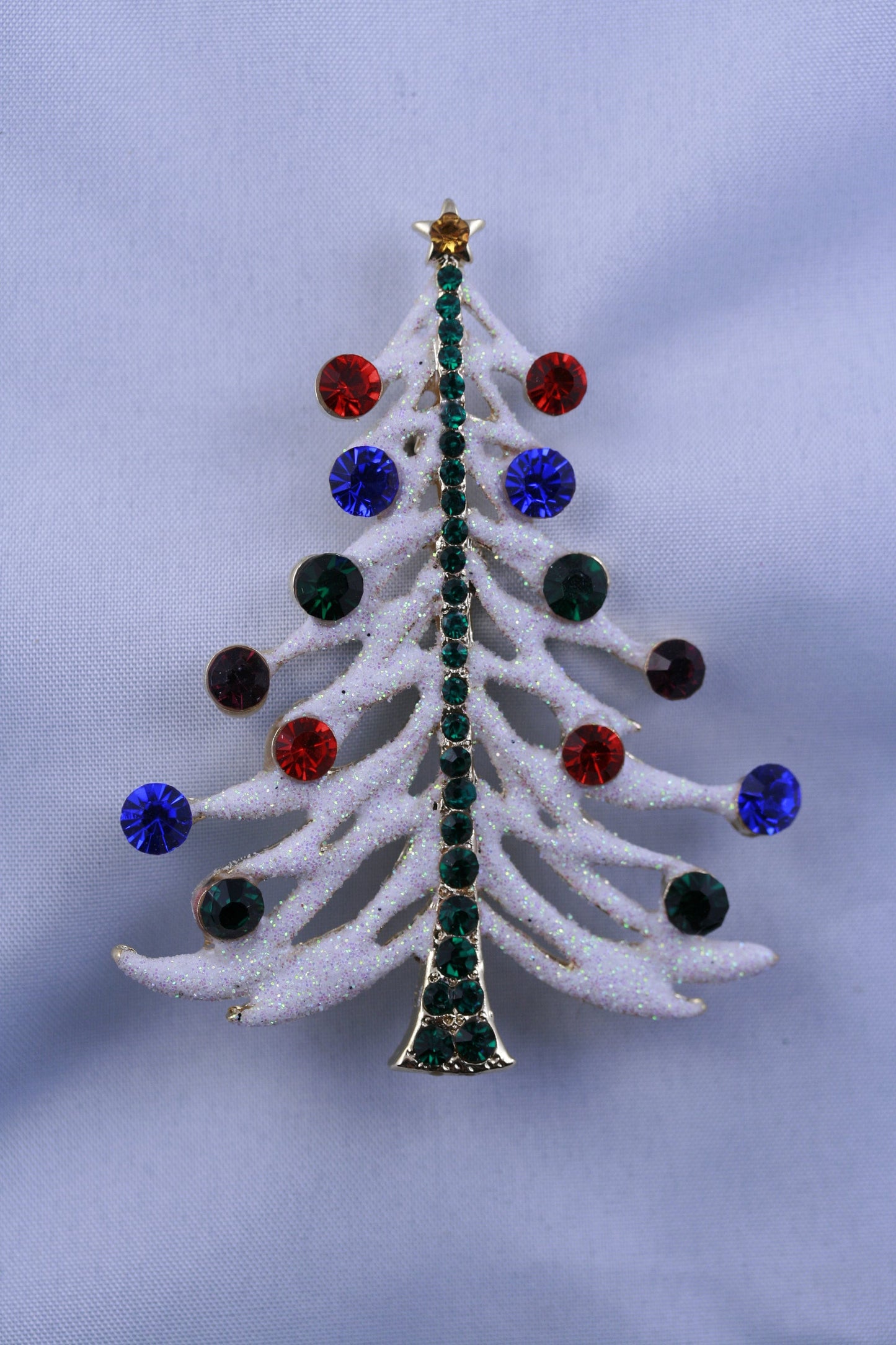 White Glitter Traditional Christmas Tree Pin Brooch With Red And Green Rhinestone