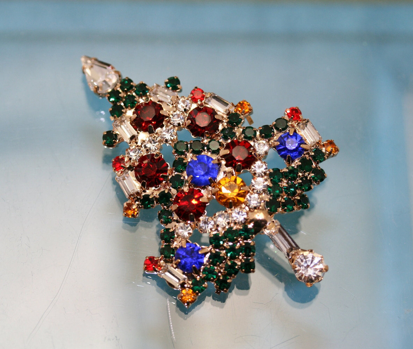 Christmas Tree Brooch, Pin, Christmas Jewelry, Gold-Tone Diamond Xmas Tree Brooch Pin