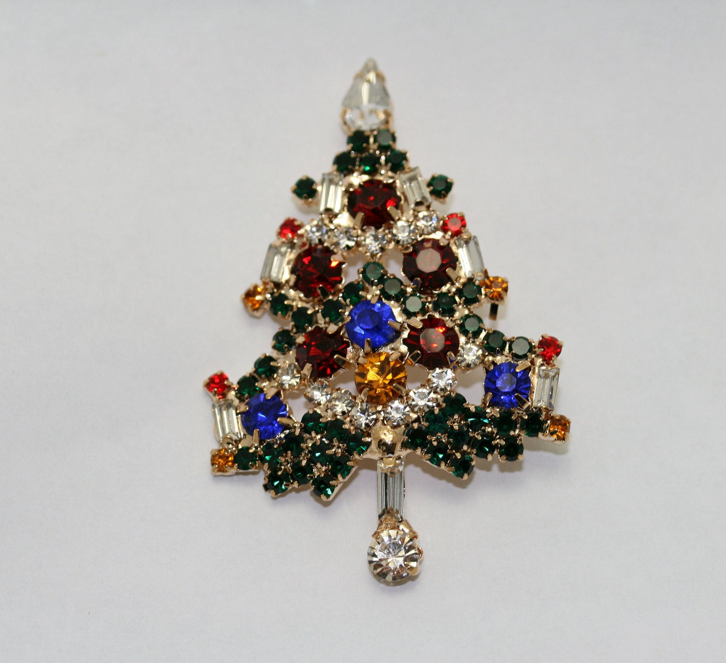 Christmas Tree Brooch, Pin, Christmas Jewelry, Gold-Tone Diamond Xmas Tree Brooch Pin