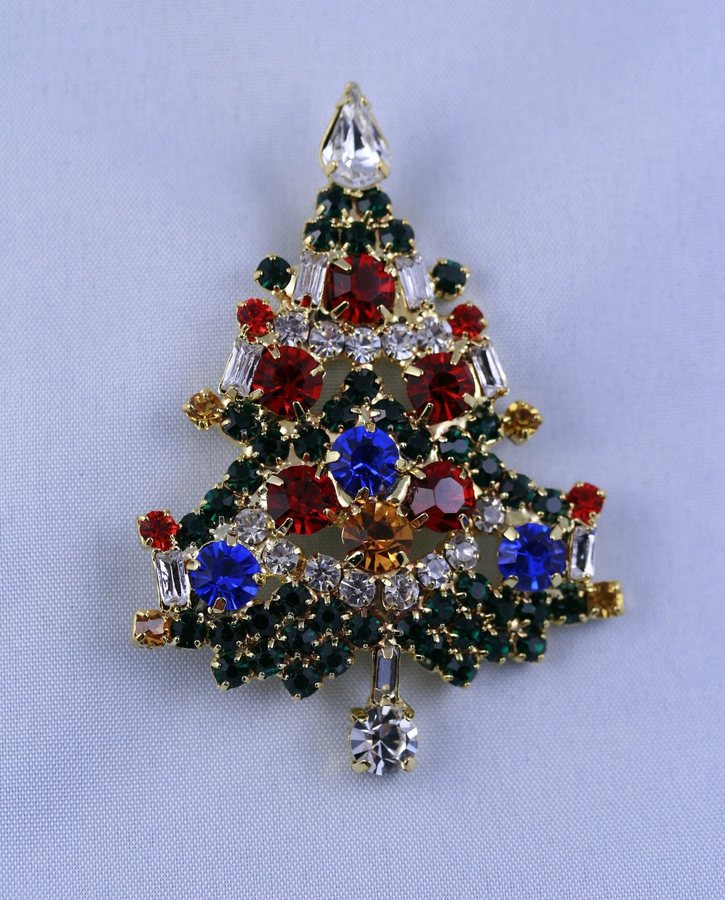Christmas Tree Brooch, Pin, Christmas Jewelry, Gold-Tone Diamond Xmas Tree Brooch Pin