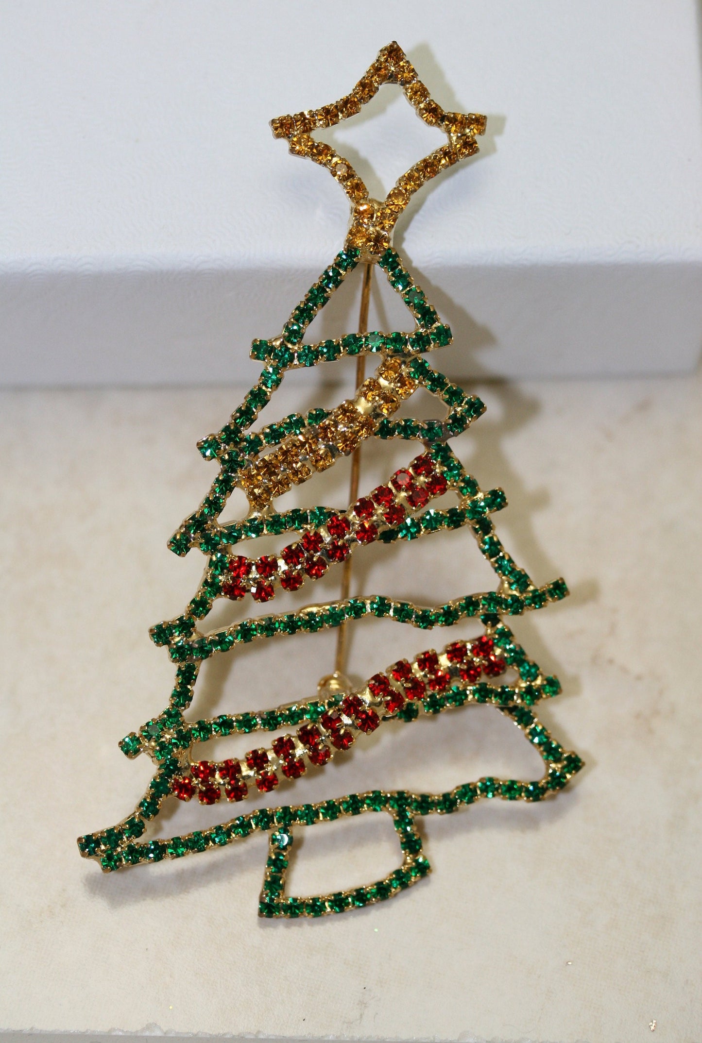 Christmas Rhinestone Jewelry, Vintage Gold-Tone Xmas Tree Brooch Pin, Fashion Holiday Jewelry