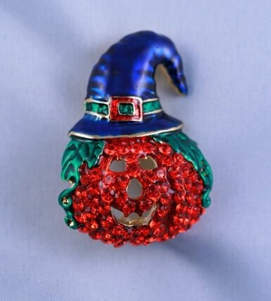 3D Rhinestone Halloween Orange Pumpkin Witch Hat Enamel Pin Brooch