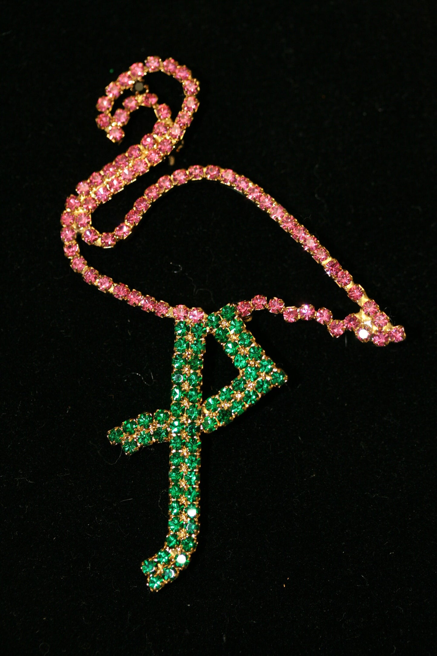 Vintage Pink & Green Rhinestone Figural Flamingo Brooch Pin Prong Set Rhinestone Collection Old Fashion Costume Jewelry