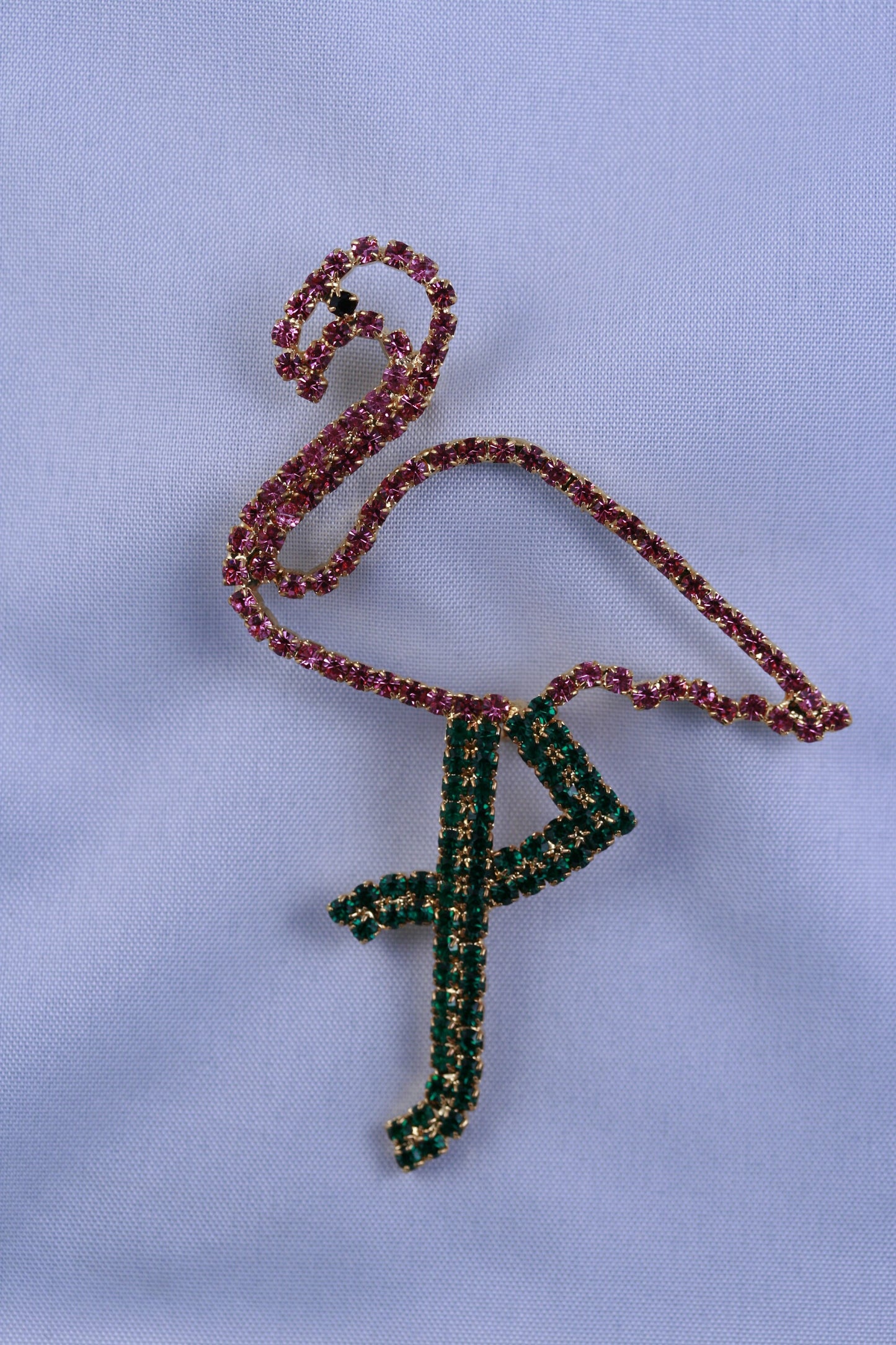 Vintage Pink & Green Rhinestone Figural Flamingo Brooch Pin Prong Set Rhinestone Collection Old Fashion Costume Jewelry