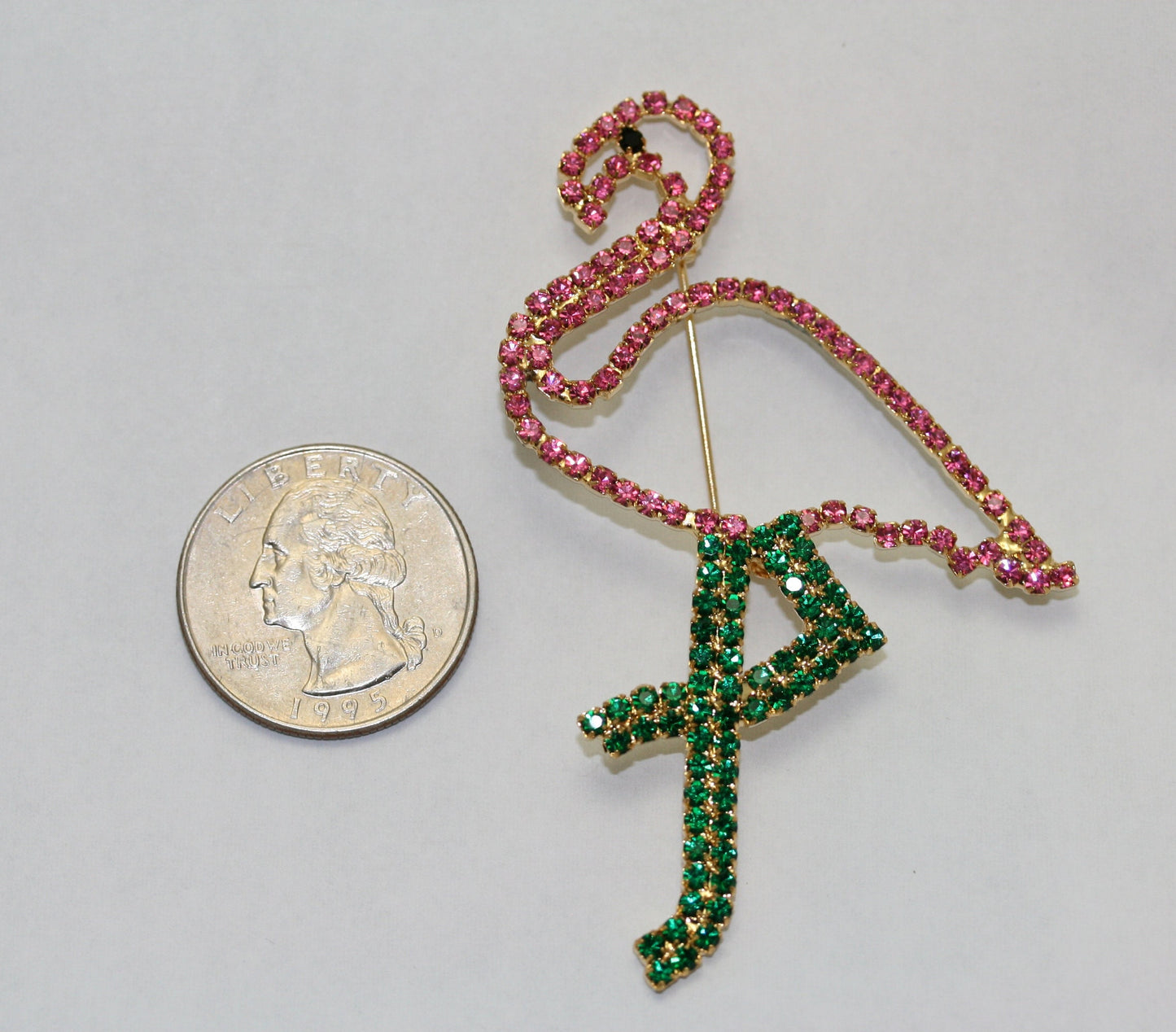 Vintage Pink & Green Rhinestone Figural Flamingo Brooch Pin Prong Set Rhinestone Collection Old Fashion Costume Jewelry