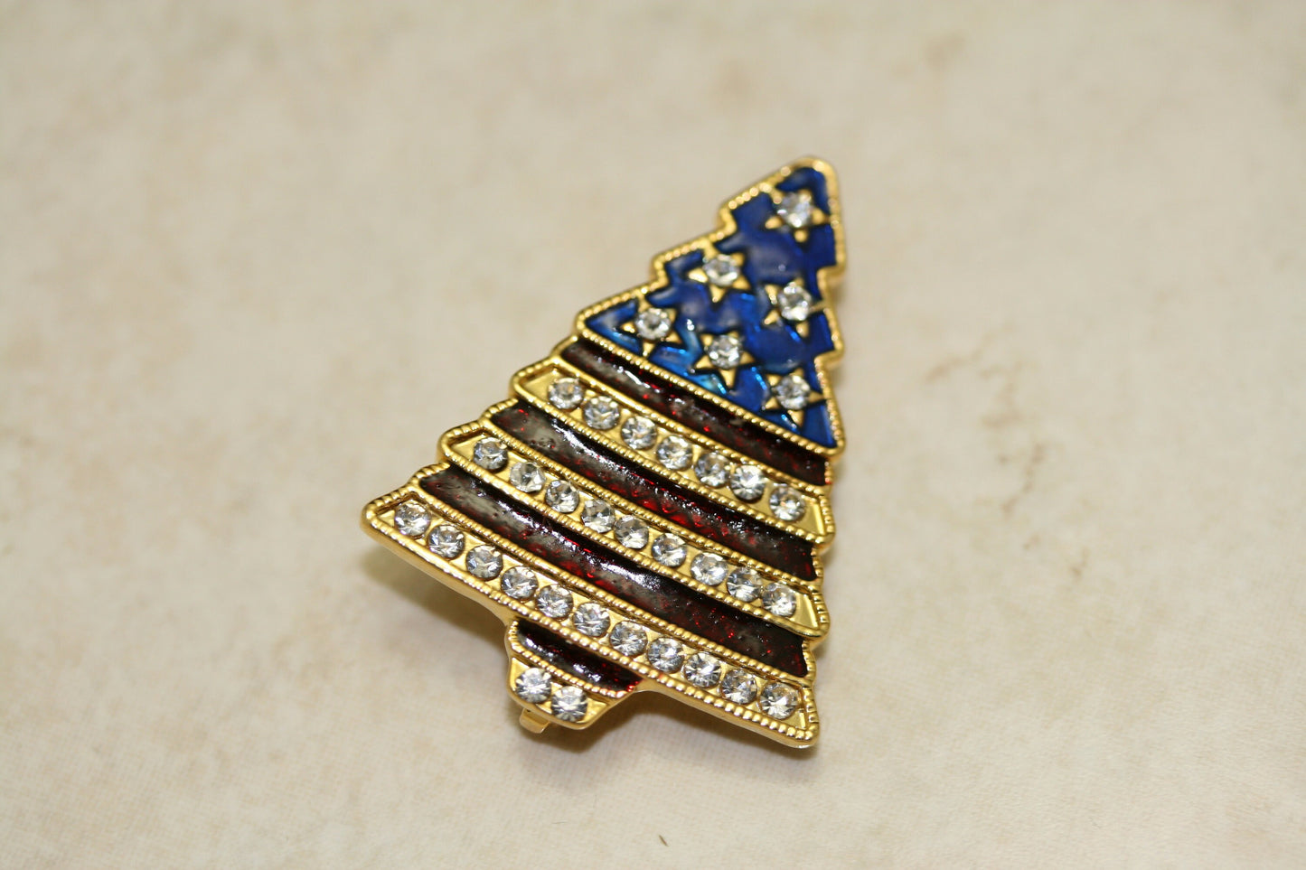 Rhinestone Patriotic Christmas Tree Holiday Brooch Pin And Earring Set, 4th July Red White Blue Patriotic Jewelry Set