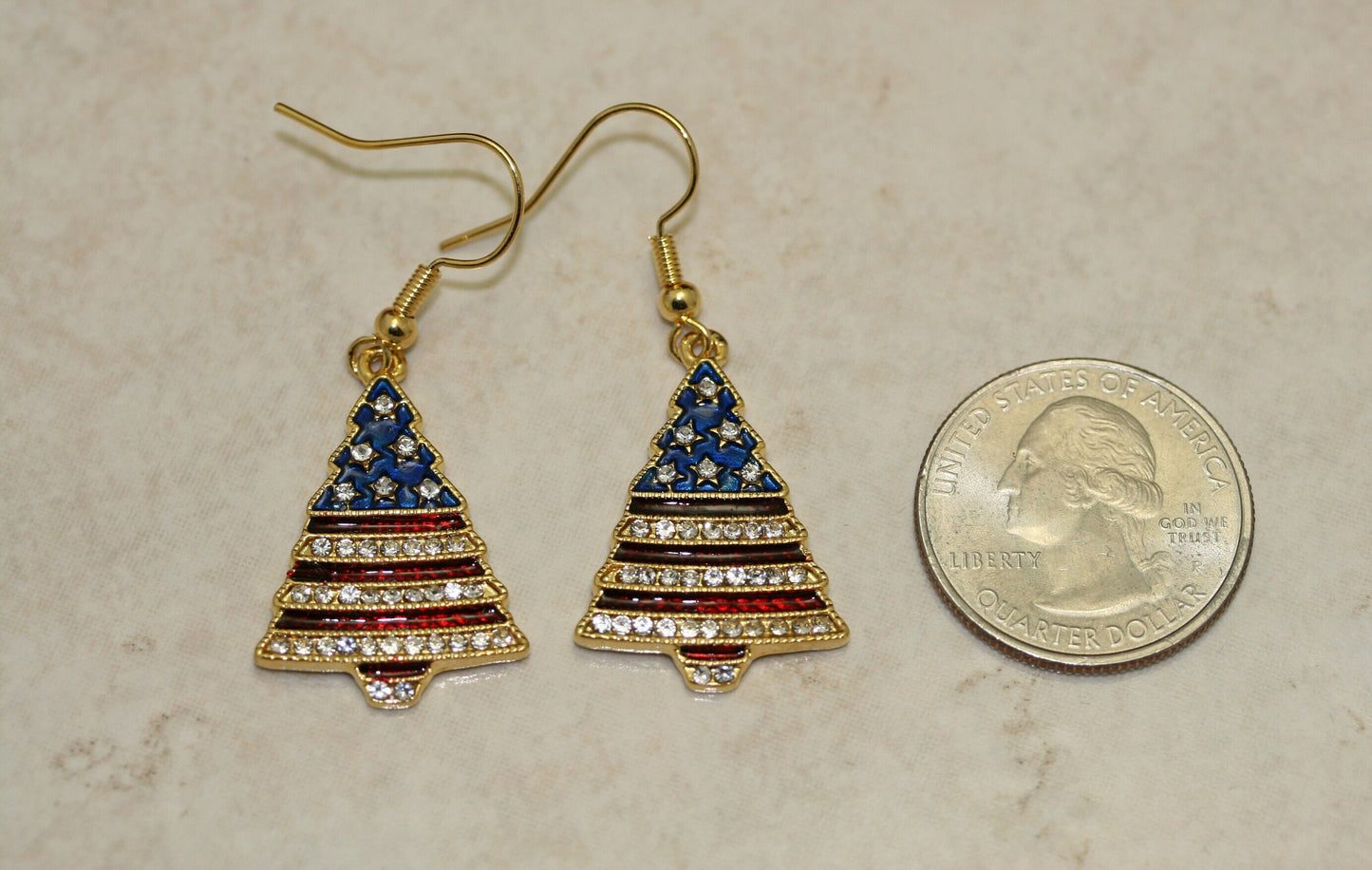 Rhinestone Patriotic Christmas Tree Holiday Brooch Pin And Earring Set, 4th July Red White Blue Patriotic Jewelry Set