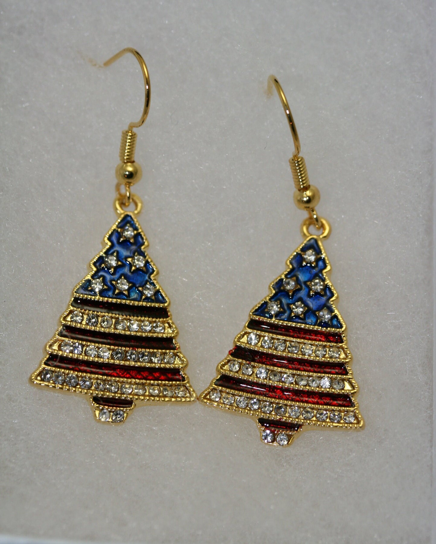 Rhinestone Patriotic Christmas Tree Holiday Brooch Pin And Earring Set, 4th July Red White Blue Patriotic Jewelry Set