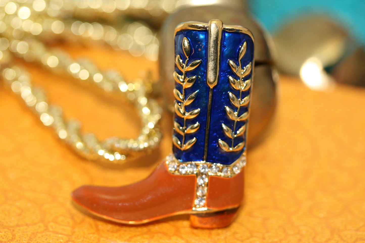 Country Western Cowboy Boot Brooch Gold Tone & Blue Enamel Rhinestones Pin